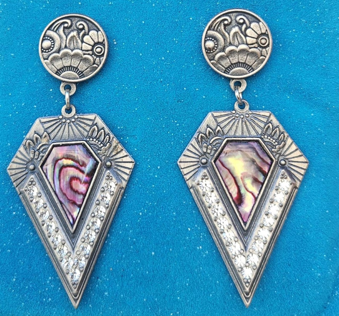 Vintage Art Deco Style Earrings Duri Drop Dangle Stamped 1980s Pewter.