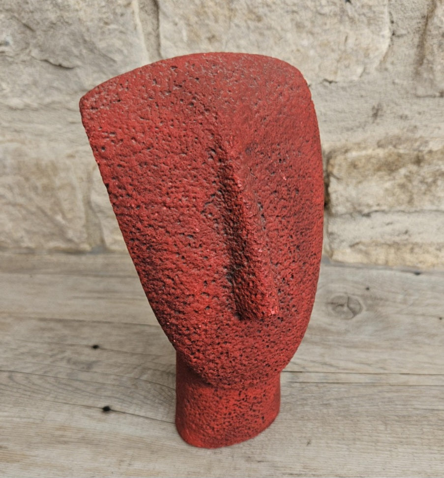 Vintage Red Cycladic Head Sculpture Minimalist Pop Art Textured Resin 18.5cm Tall