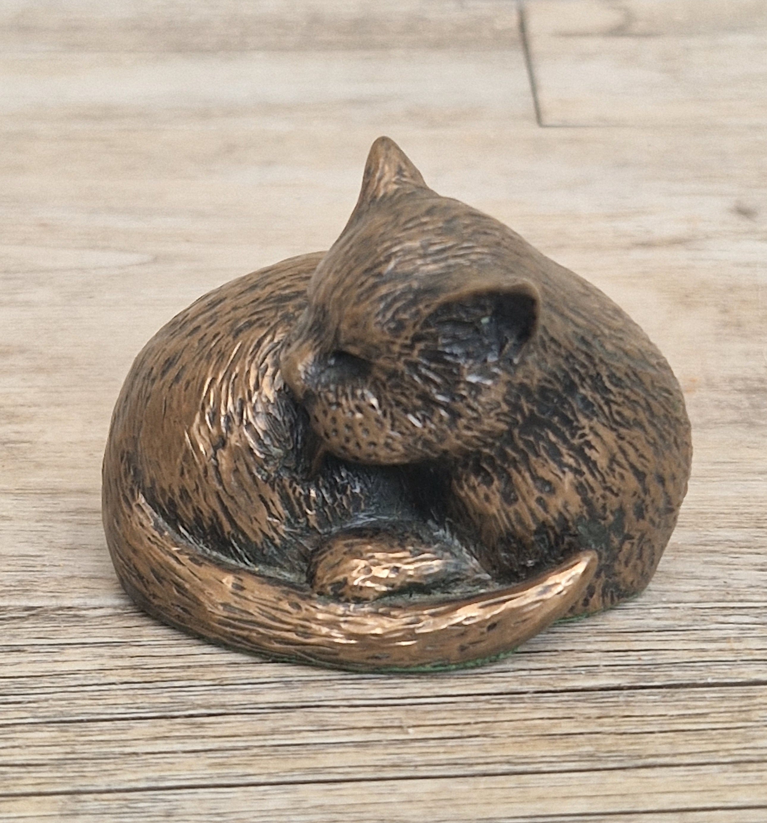 Cat Cold Cast Bronze Resin Curled Licking Figure Vintage Ornament