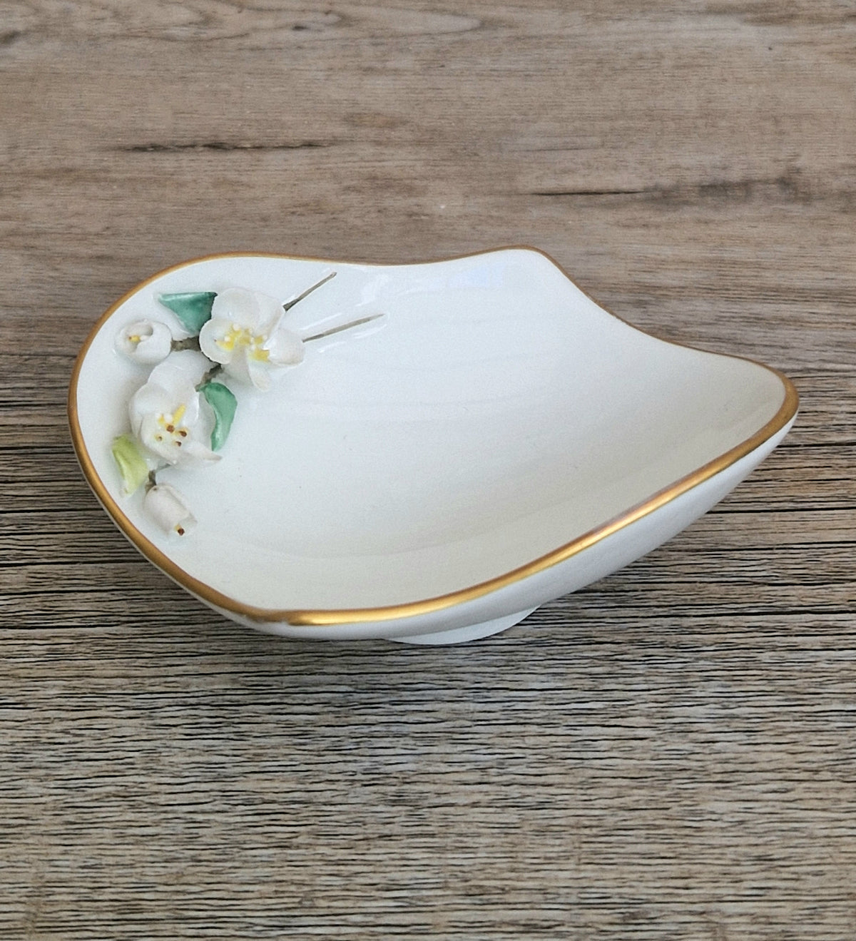 Fine European Porcelain Leaf Dish with Applied White Flowers, Gilt Rim, Blue Unidentified Mark, Vintage