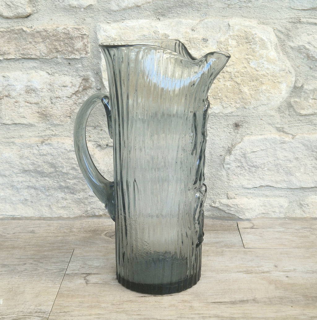 Björkshult Glassworks Sweden Hand Blown Mid Century Textured Smoke Glass 'Viking Pitcher Large