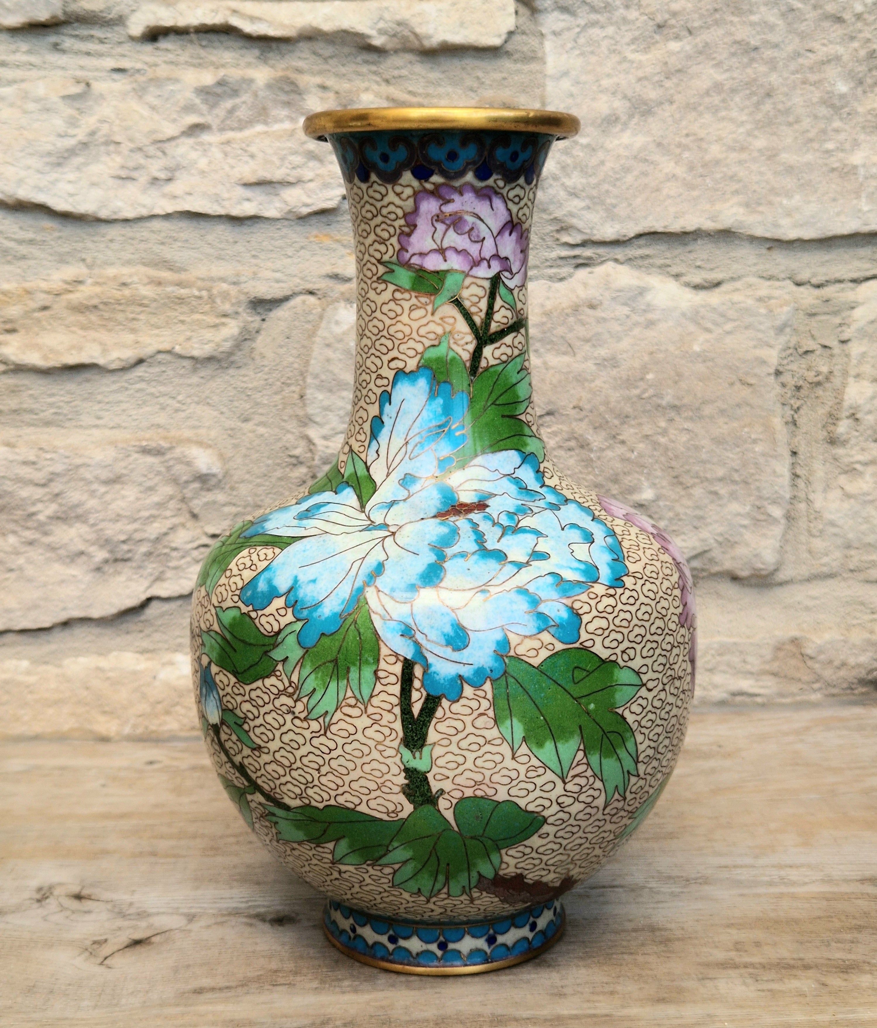 Pair Of Large Cloisonne Mirror Matched Peony Vases Mid 20th Century Exemplary Condition 23cm