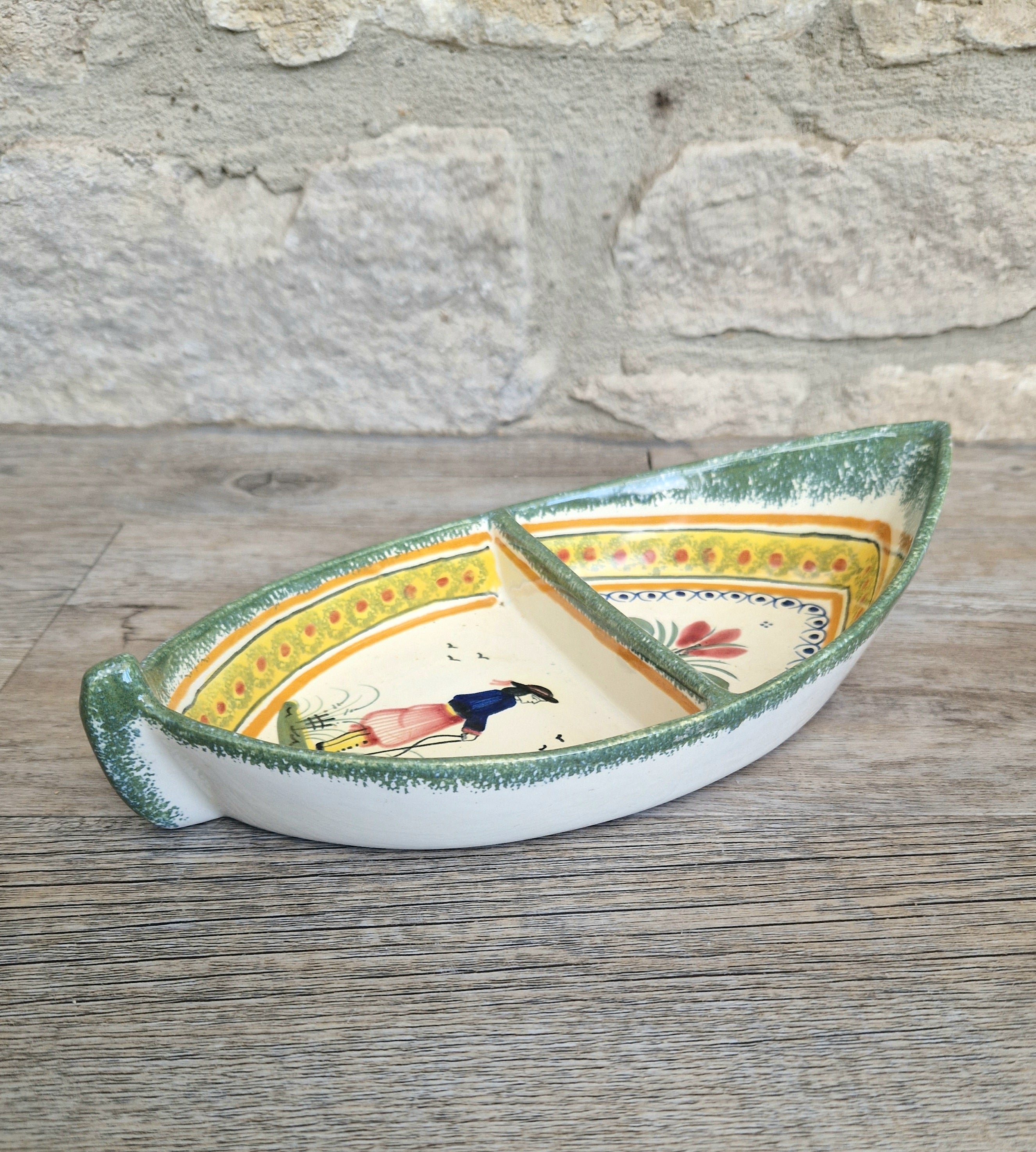 Vintage Henriot Quimper Faience Ceramic Boat Shape Divided Serving Dish