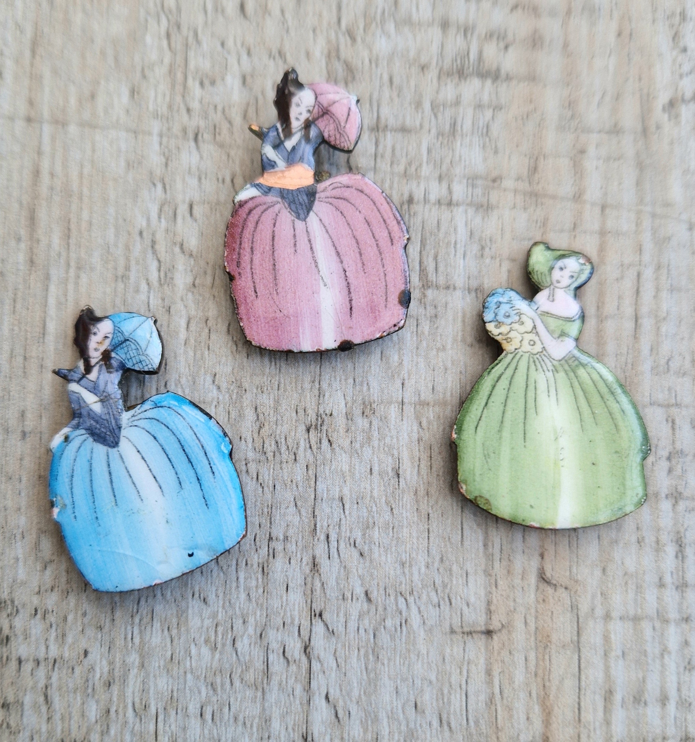 3 x Antique Art Deco Enamelled Brass Ladies Name Place Menu Holder Clips
