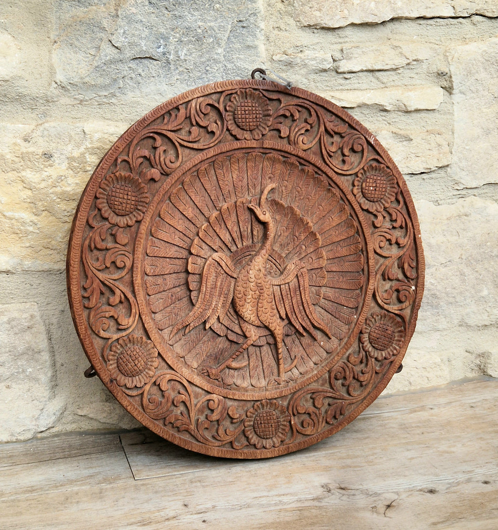 19th c. Colonial Anglo-Indian Hand-Carved Teak Wood Dancing Peacock Disc Panel 30cm