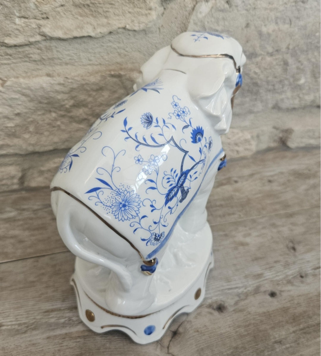 Vintage Elephant Figurine Porcelain Gold Accents Blue & White Floral Pattern Ceramic 7" Tall