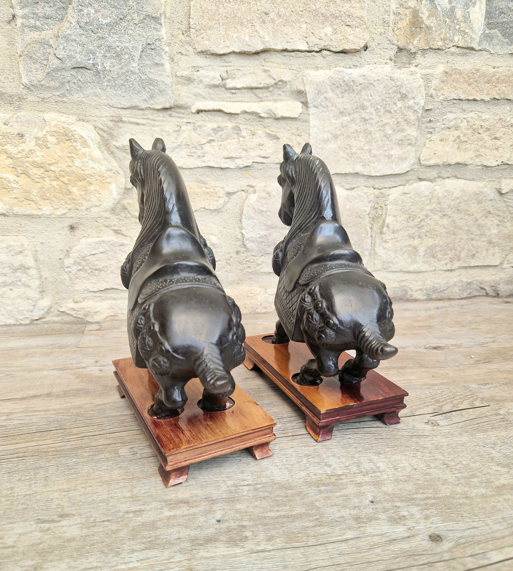 Fine Pair of Vintage Heavy Cast Bronze Tang-Style Chinese Horse Sculptures On Wooden Plinths
