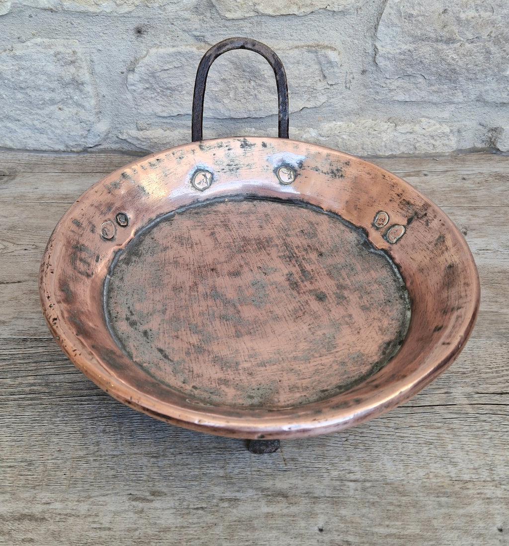 18th - 19th Century Copper & Iron Handle French Tripod Footed Tart Pan Rare Antique Kitchenalia