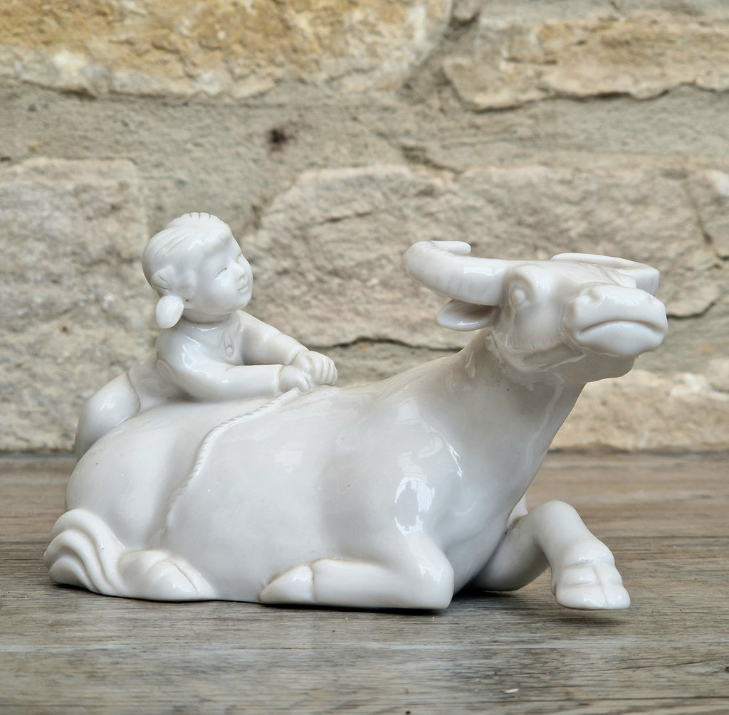 Vintage Chinese Blanc De Chine Porcelain Figurine Girl Riding Water Buffalo Ox Ceramic Home Ornament