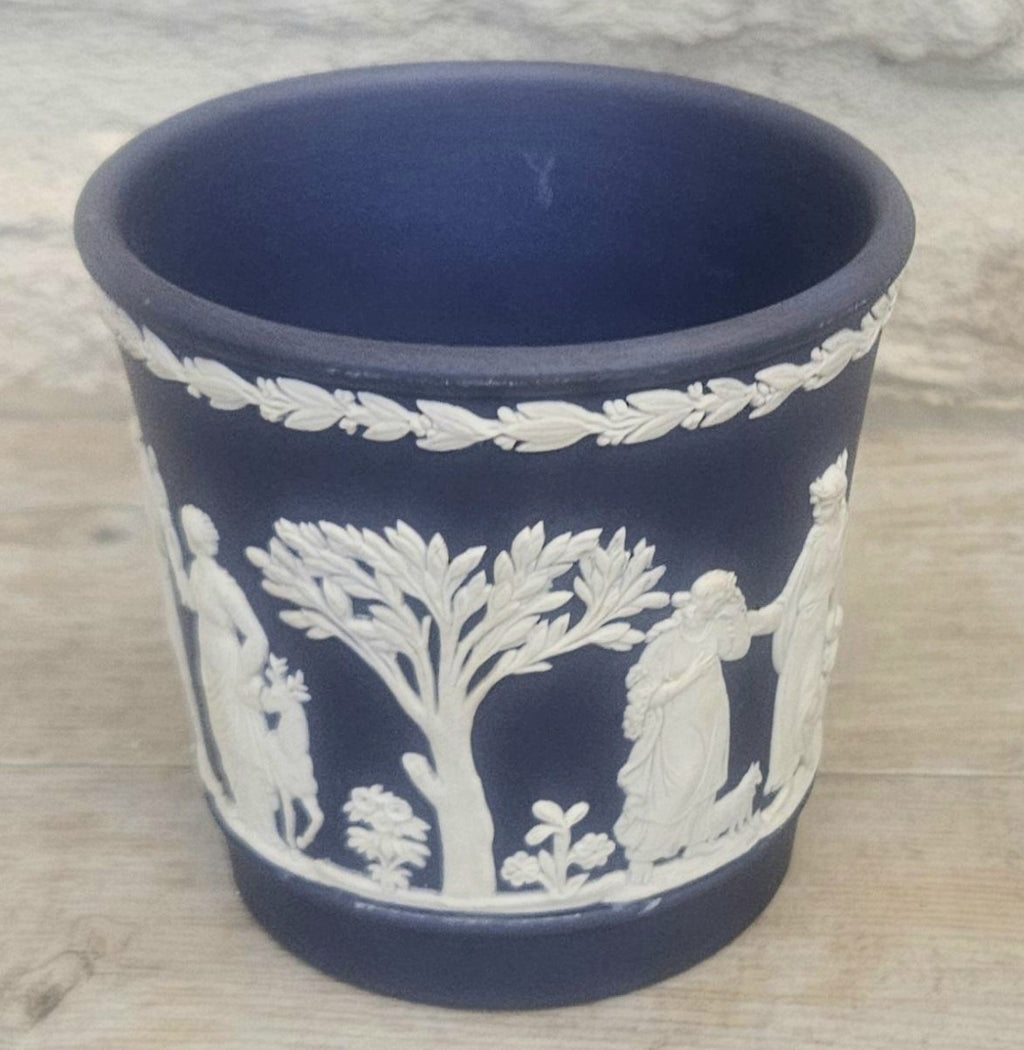 Vintage Wedgwood Cobalt Blue White Relief Neoclassical Small Cache Pot Made in England 7.5cm Tall