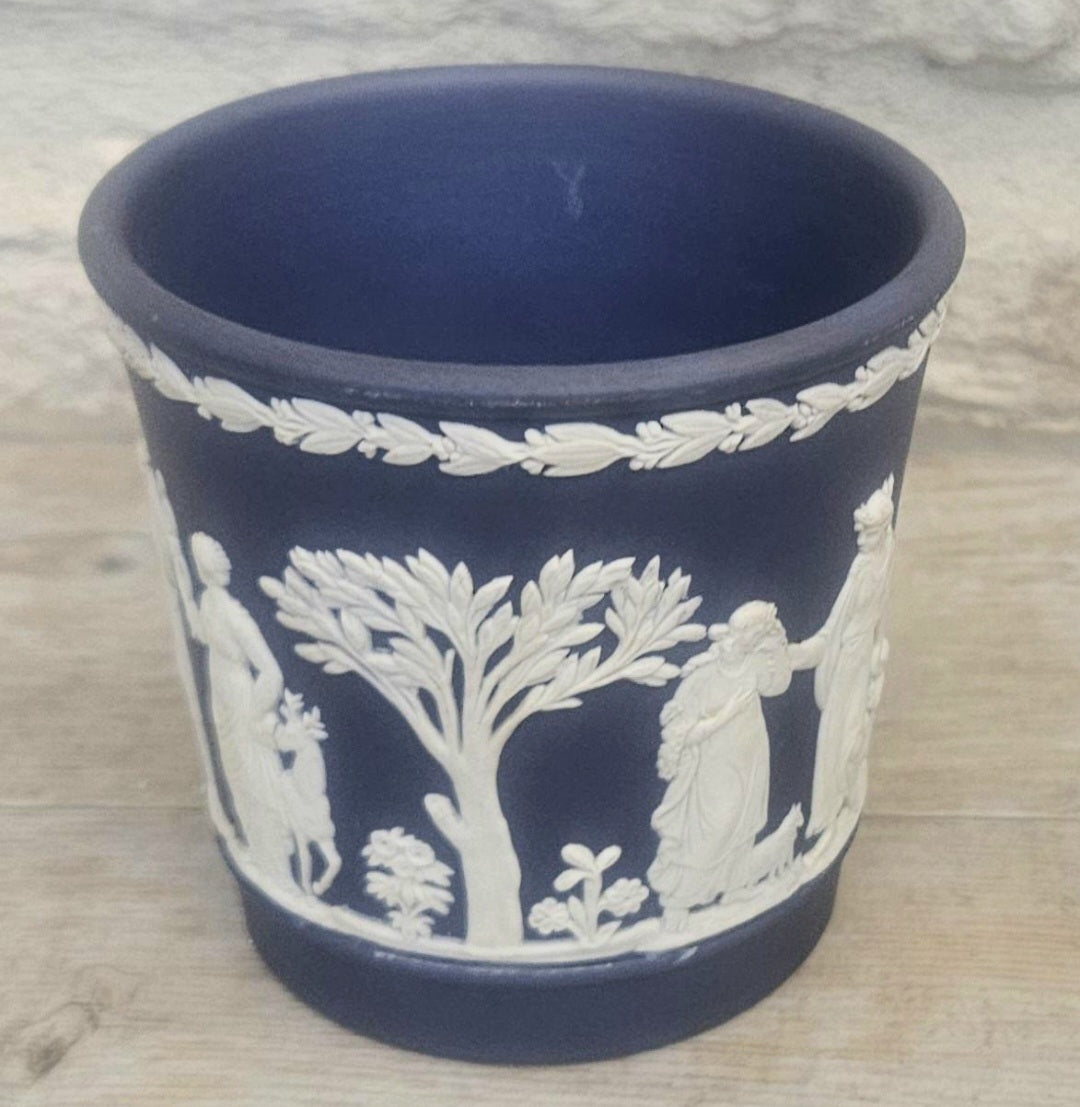 Vintage Wedgwood Cobalt Blue White Relief Neoclassical Small Cache Pot Made in England 7.5cm Tall