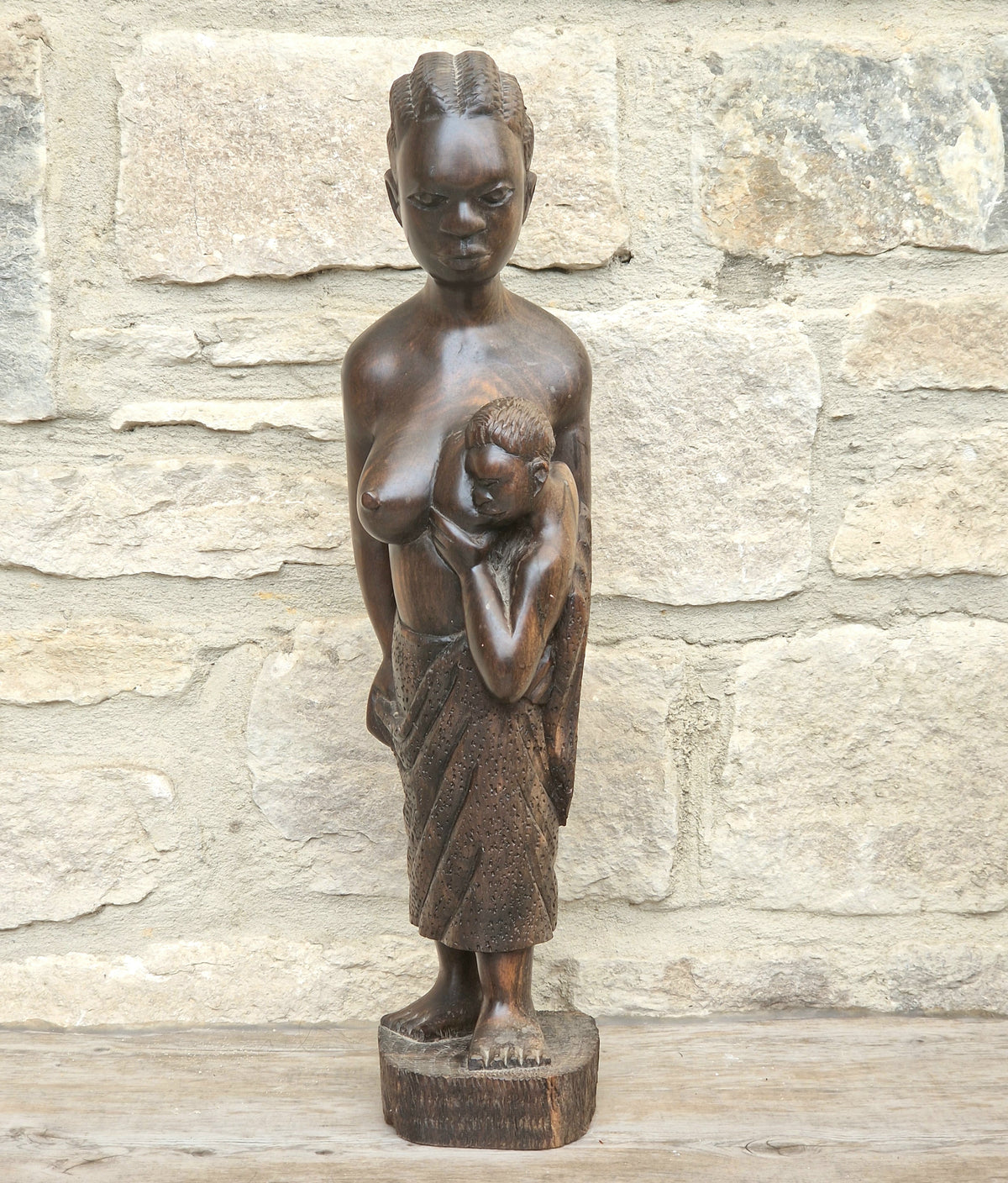 Vintage African Ebony Wood Mother Child Statue Hand Carved Tribal Figurine Boho Ethnic Home Decor