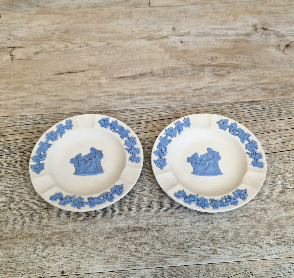 Pair Wedgwood Reverse Blue on White Jasperware Neo-Classical Pin Tray Ashtrays Vintage