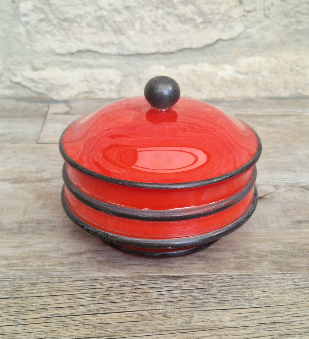 Art Deco Bohemian Red Black Hooped Glass Powder Box Covered Vanity Jar Jar Lid 12cm