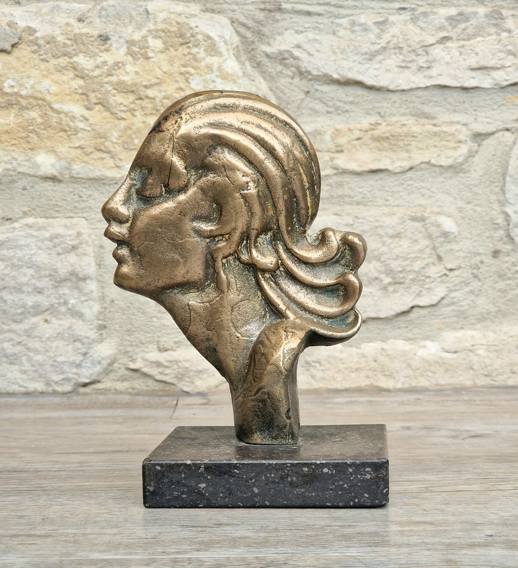 Art Deco Cast Bronze Girl's Head Profile Black Marble Mounted Desk Sculpture