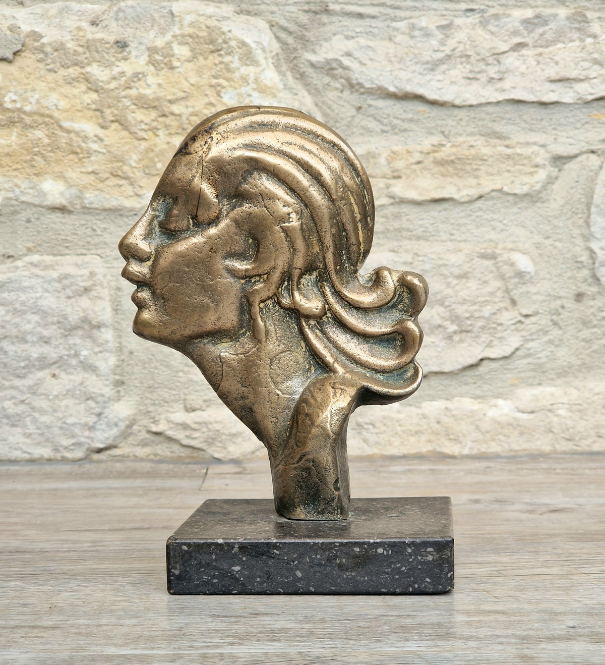 Art Deco Cast Bronze Girl's Head Profile Black Marble Mounted Desk Sculpture