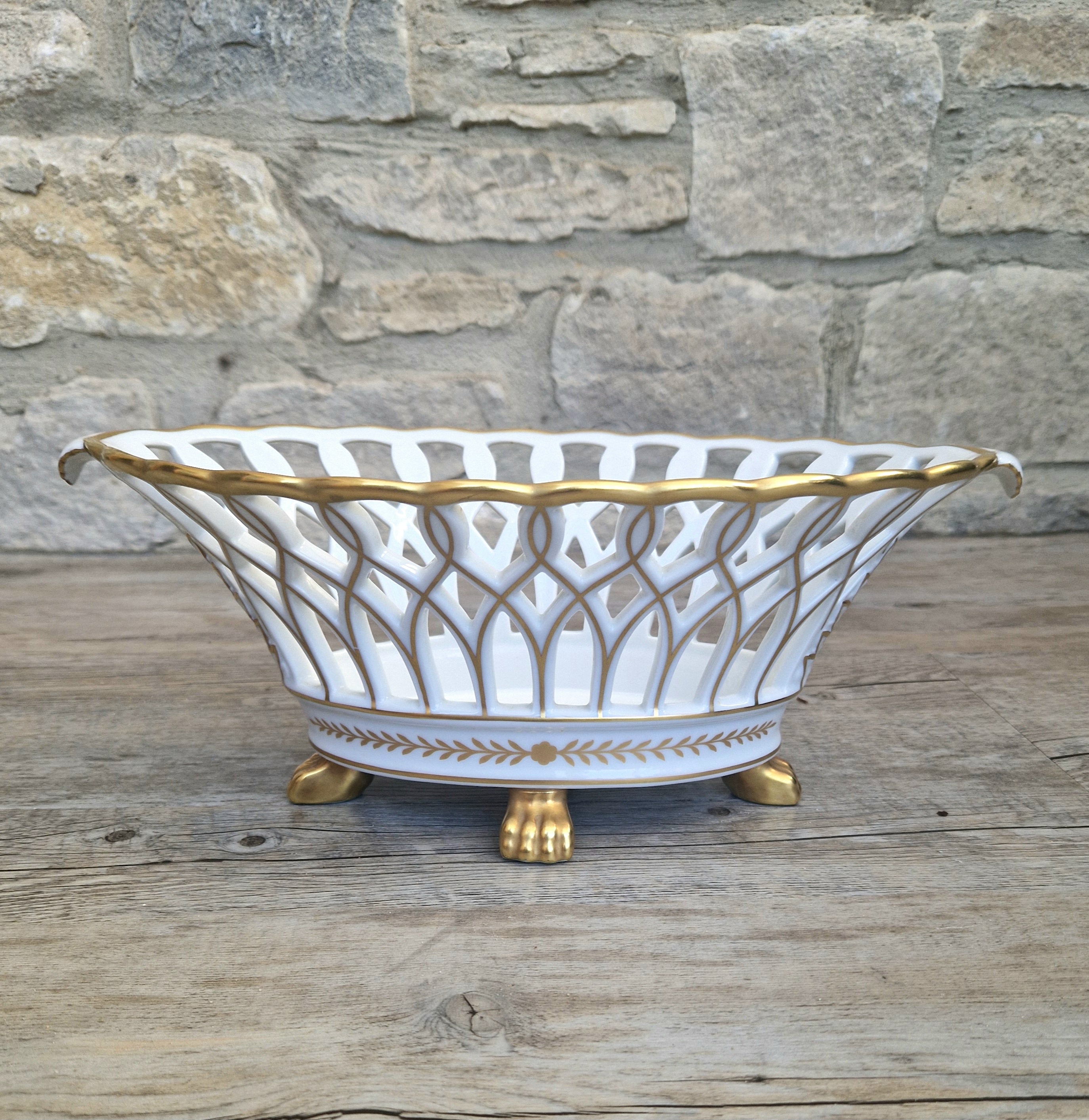 Large Vista Alegre Reticulated White & Gold Ceramic Basket Fruit Bowl Old Paris Style