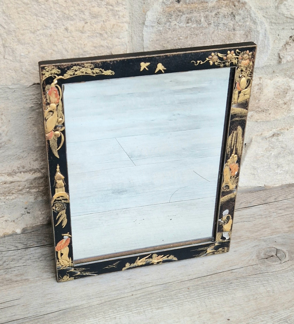 Antique Edwardian Chinoserie Black & Gilt Japanned Rectangular Wall Mirror