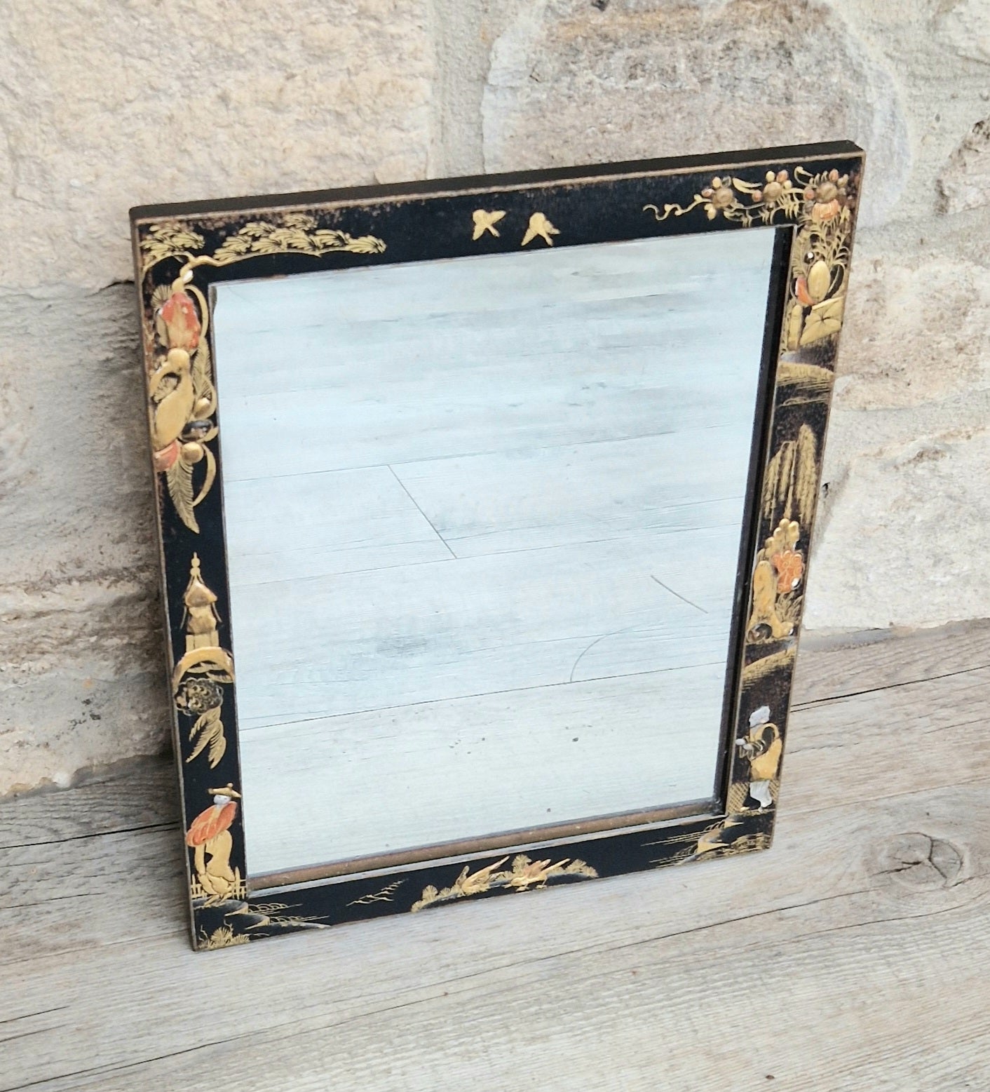 Antique Edwardian Chinoserie Black & Gilt Japanned Rectangular Wall Mirror