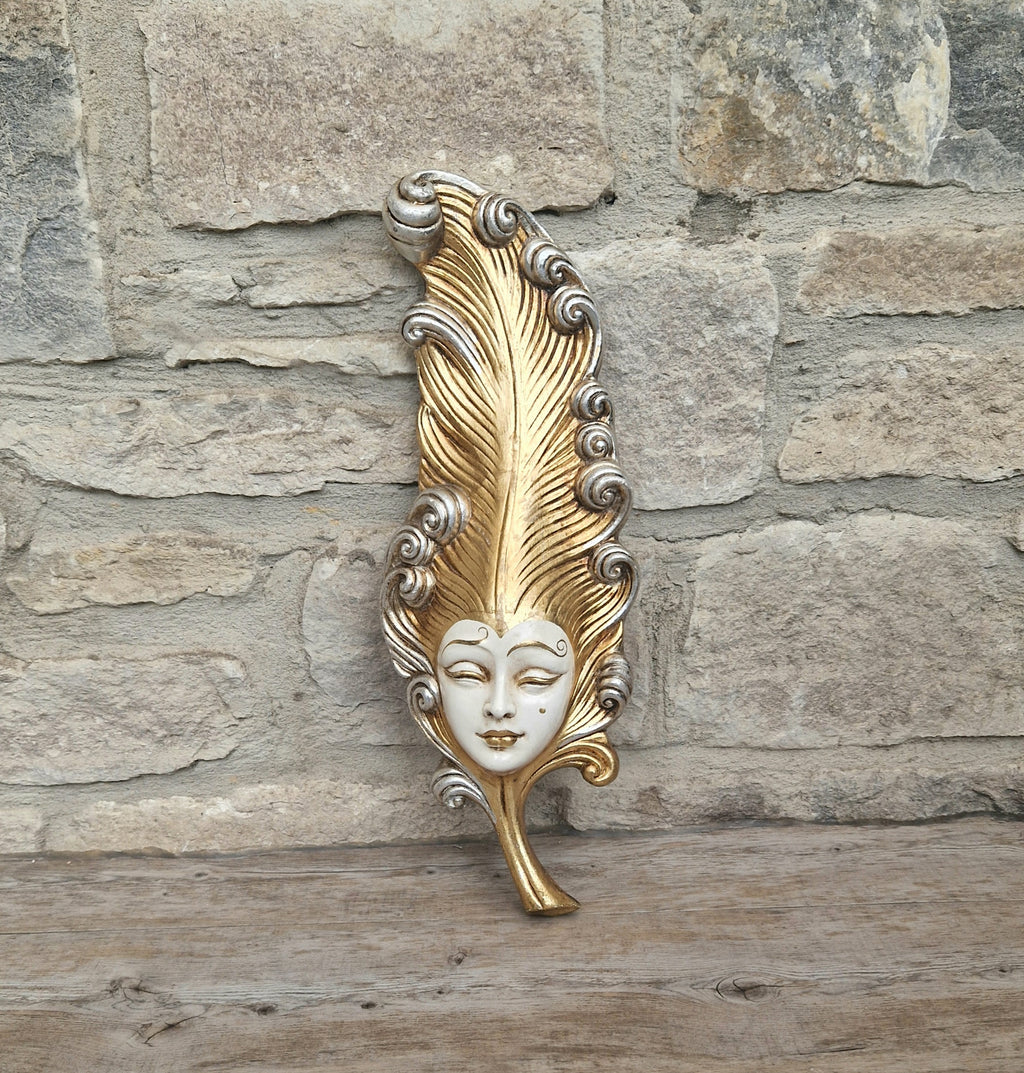 Vintage Venetian Wall Mask Feather Leaf Ceramic Gold Silver Made Italy 38cm Long