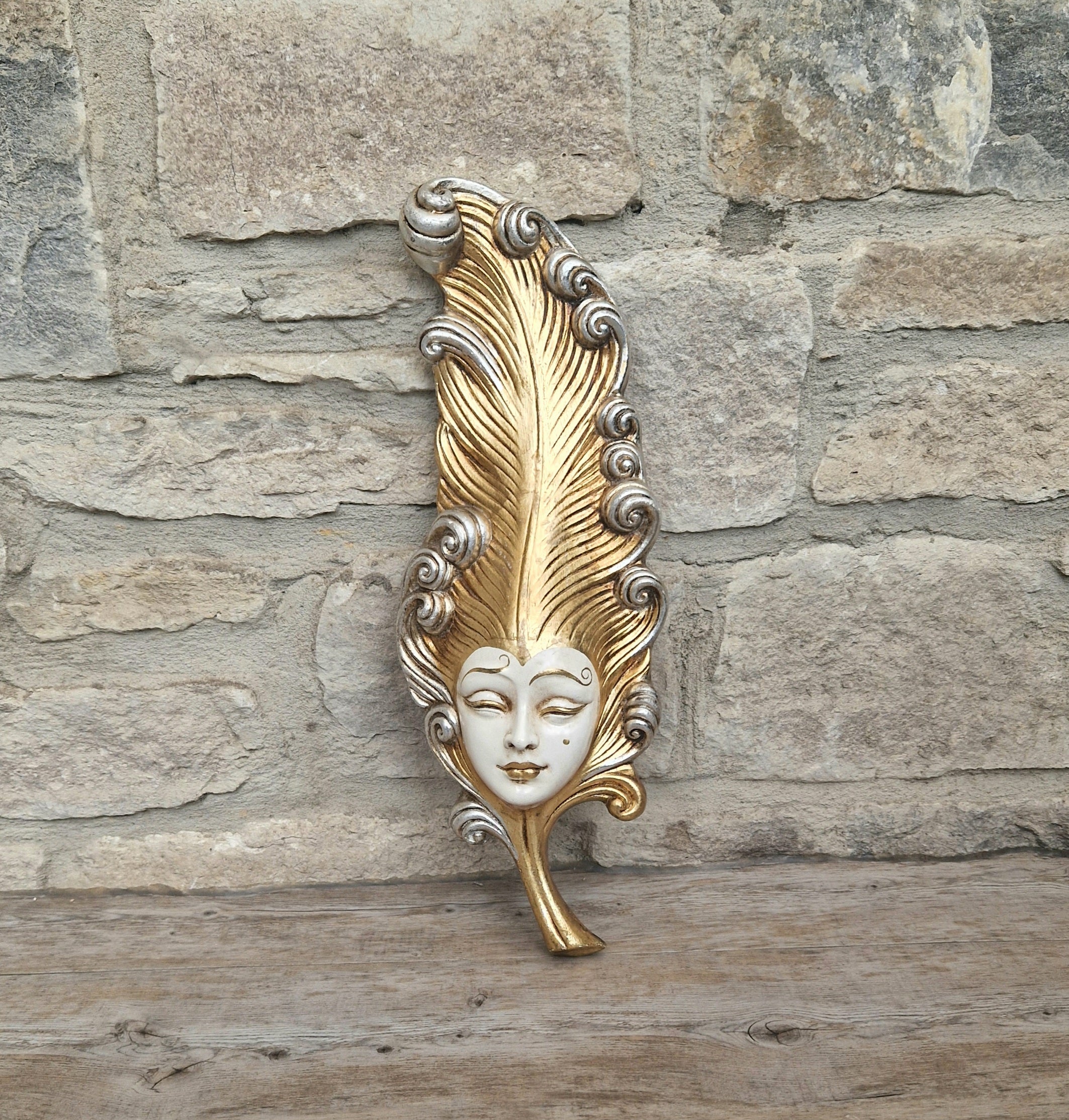 Vintage Venetian Wall Mask Feather Leaf Ceramic Gold Silver Made Italy 38cm Long