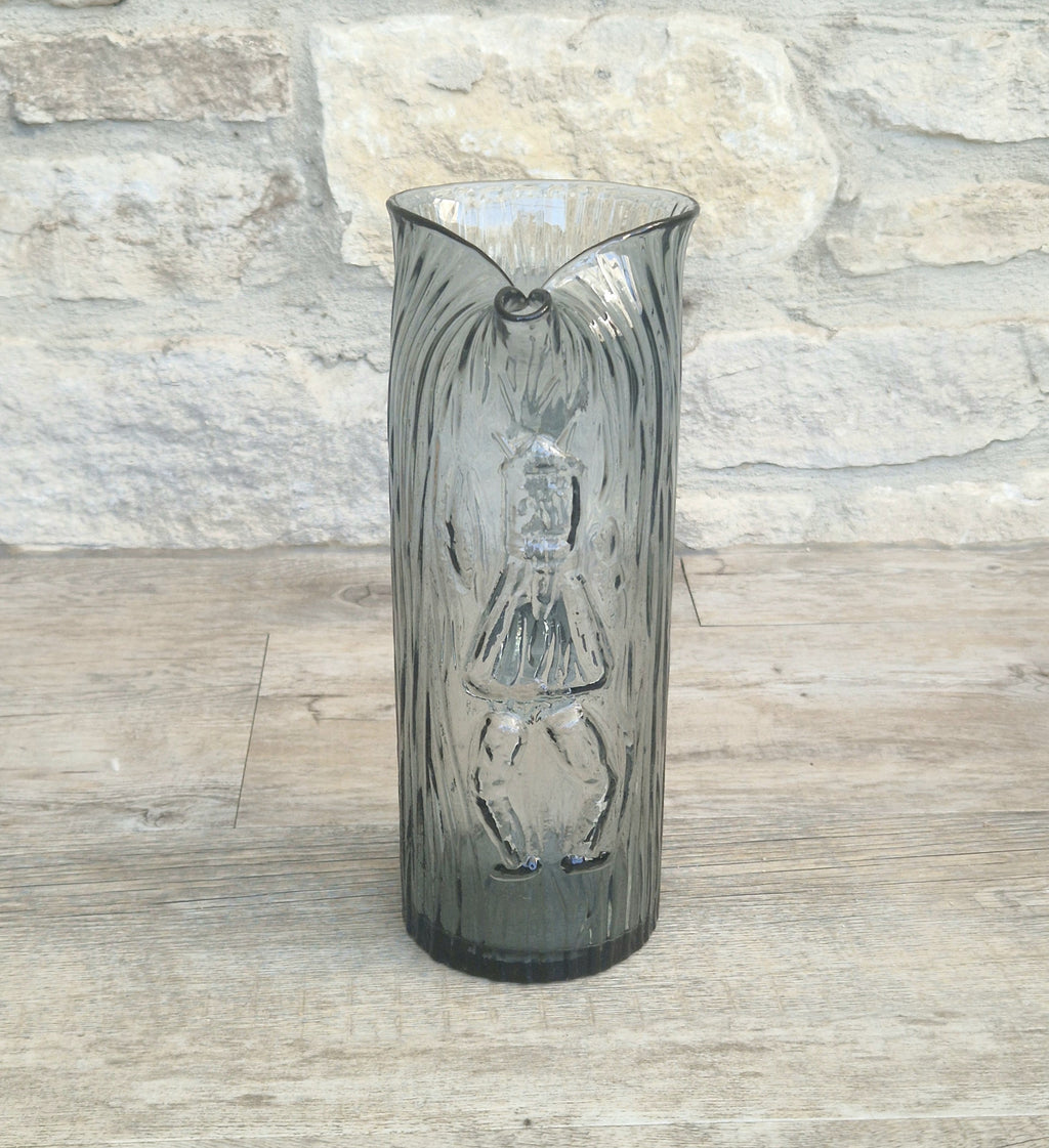Björkshult Glassworks Sweden Hand Blown Mid Century Textured Smoke Glass 'Viking Pitcher Large