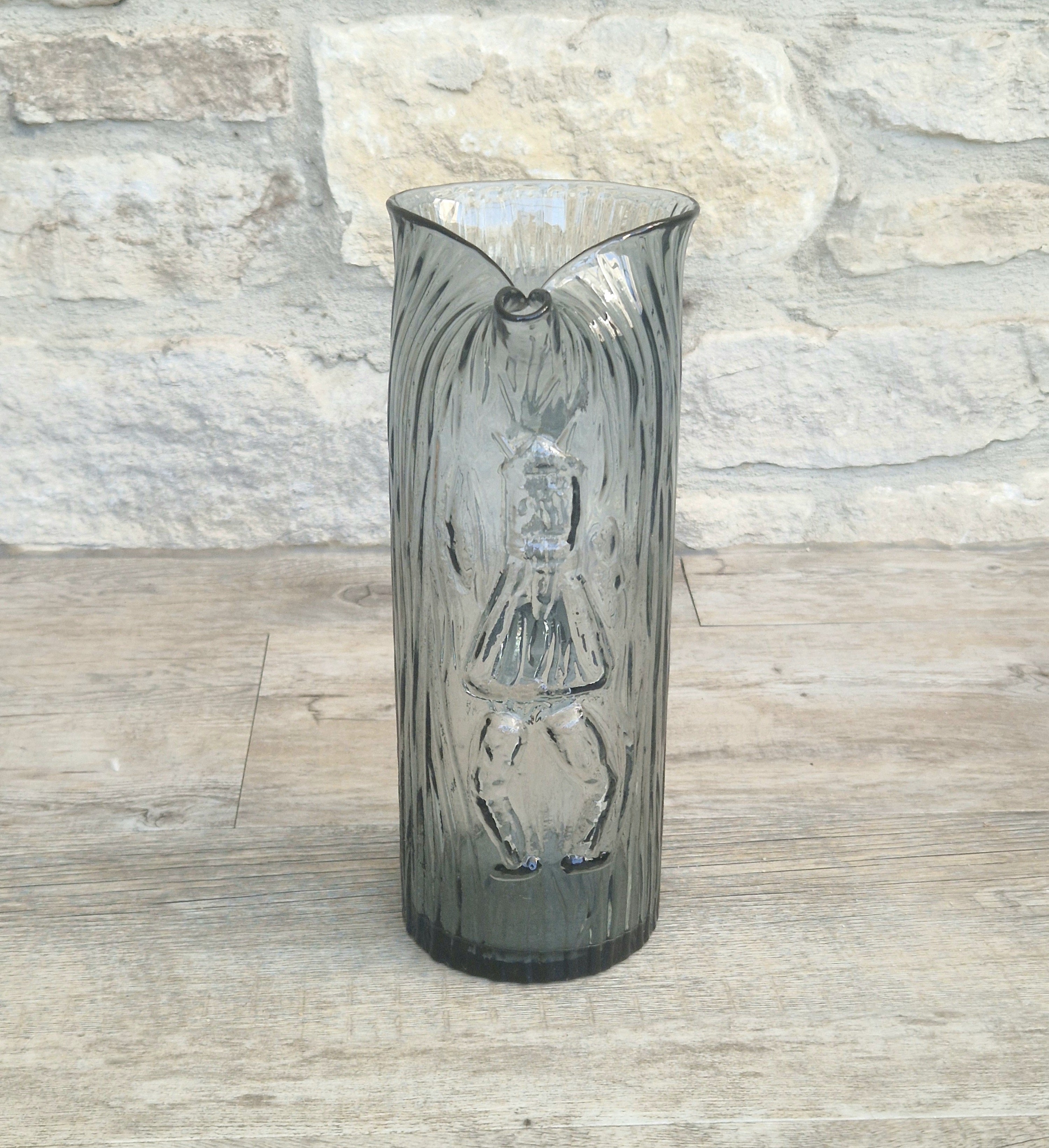 Björkshult Glassworks Sweden Hand Blown Mid Century Textured Smoke Glass 'Viking Pitcher Large