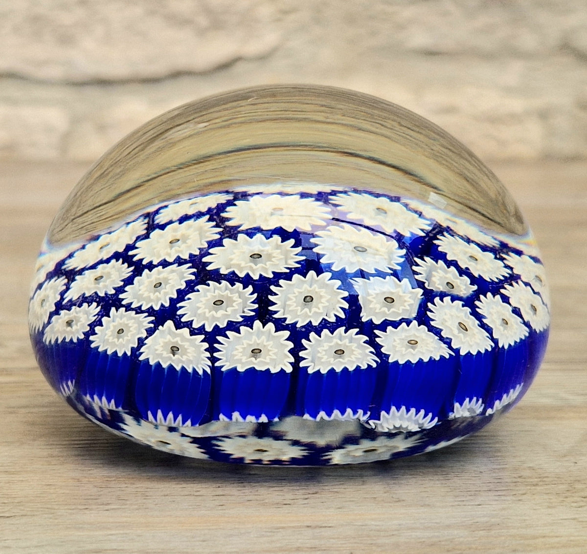 ALT Studio Murano Glass Deep Blue & White Star Flower Millifiore Paperweight