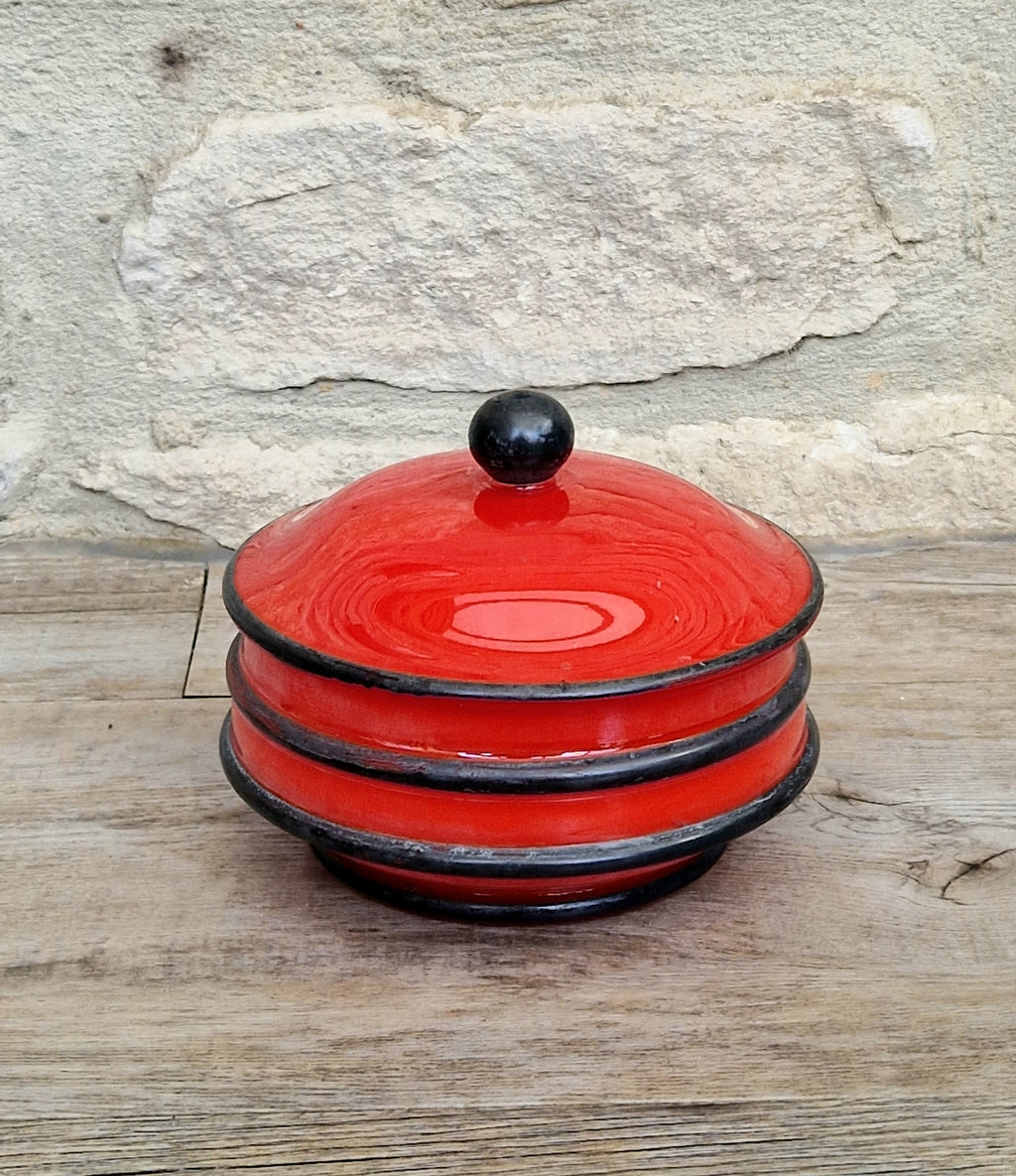 Art Deco Bohemian Red Black Hooped Glass Powder Box Covered Vanity Jar Jar Lid 12cm