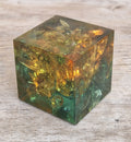 Vintage 1960s Shattaline Resin Cube Paperweight Amber Green Fractured Ice Mid Century Desk Ornament