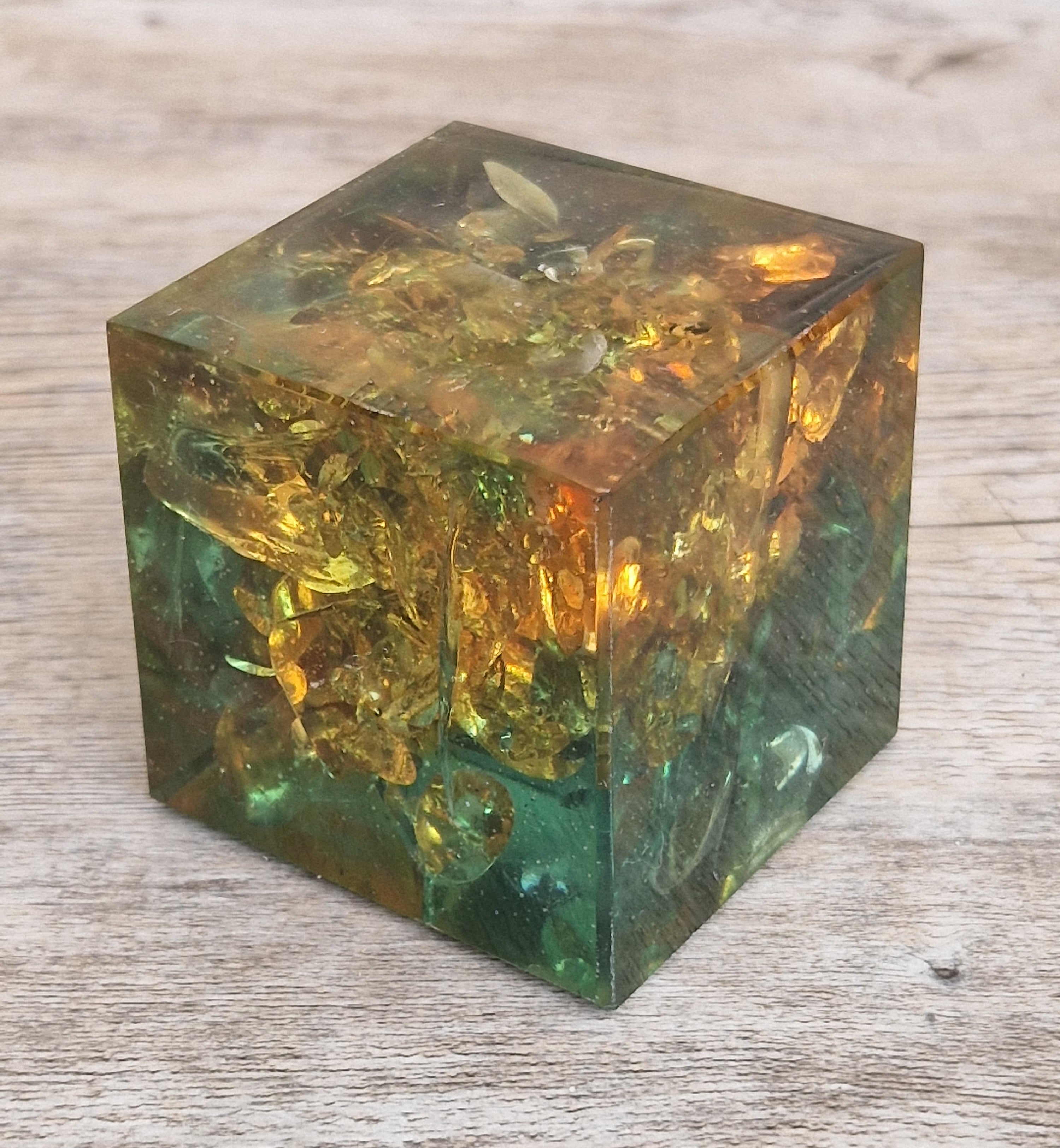 Vintage 1960s Shattaline Resin Cube Paperweight Amber Green Fractured Ice Mid Century Desk Ornament