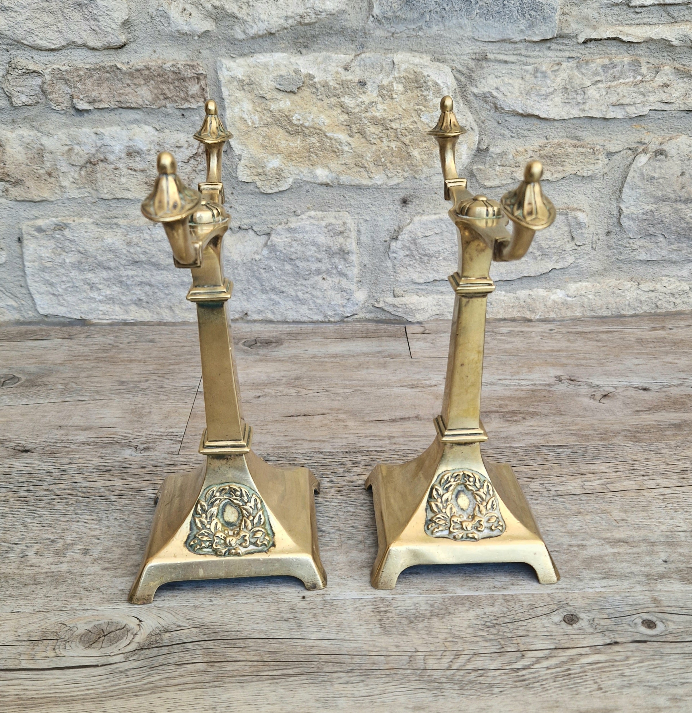 Louis XVI Revival Cast Brass Andirons Fire Dogs Wreath Relief Decoration Pair (c.1870–1900)