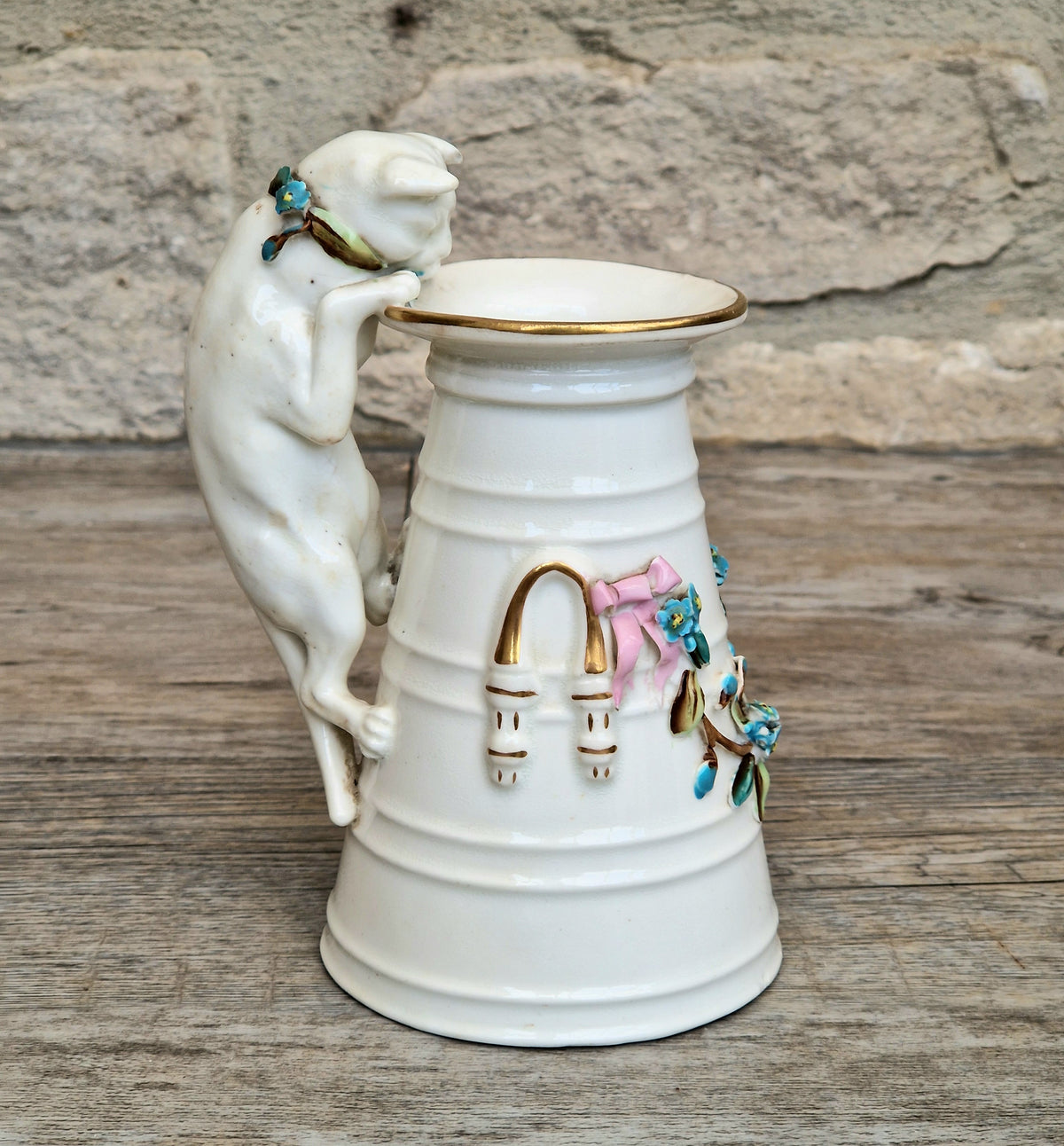 Antique Copeland Porcelain Cat Cream Churn Vases Pair Floral Applied Flowers Gilt 19th Century