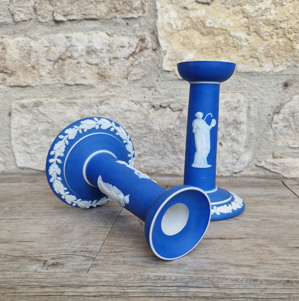 Vintage Wedgwood Jasperware Candlestick Pair: Dark Blue Taper Candle Holders