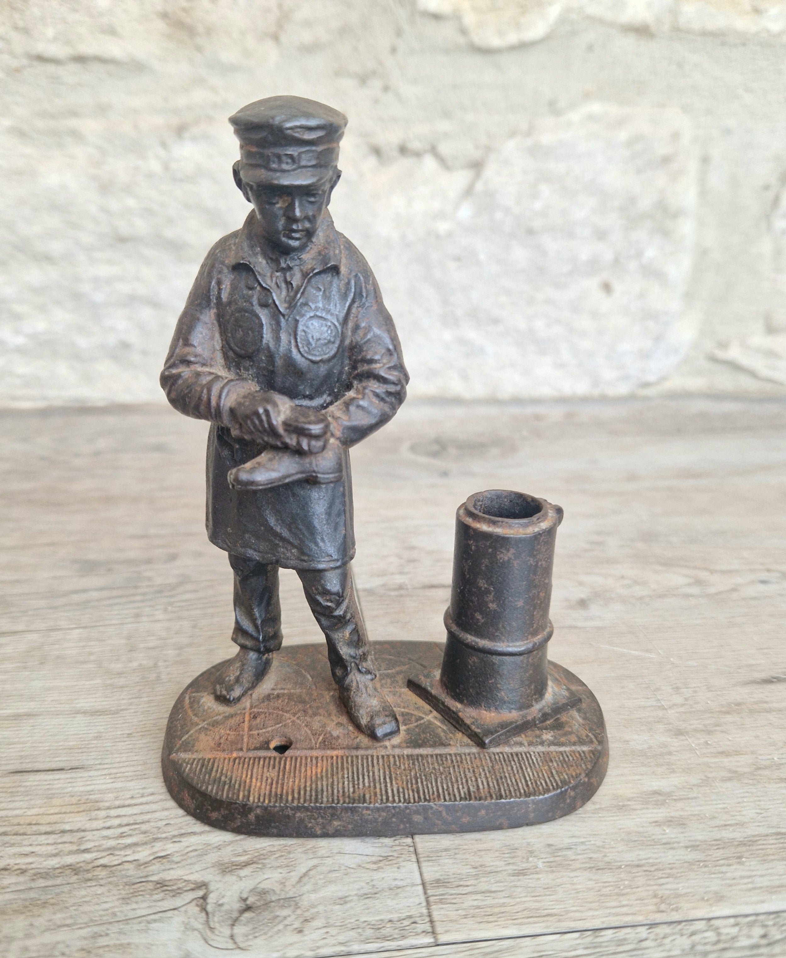 Rare Antique E.G. Zimmermann Hanau Cast Iron Shoeshine Boy Figural Table Match Holder & Striker