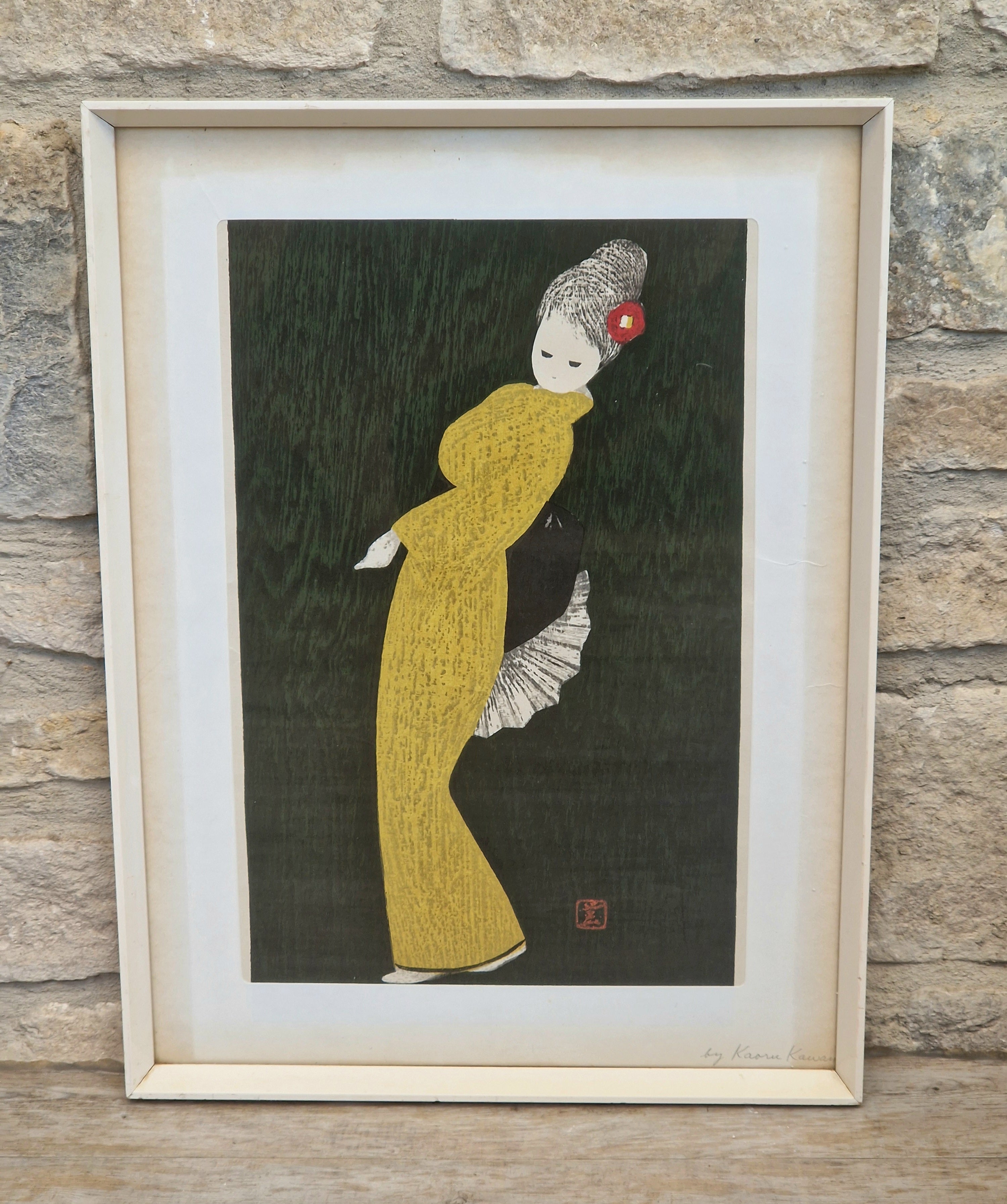 Vintage Kaoru Kawano Large Japanese Woodblock Print Camellia Yellow Kimono Mid-Century Framed