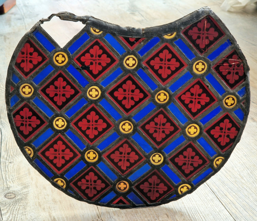 Rare Antique Early 19th Century French Gothic Revival Stained Glass Roundel Panel - Medieval Style Diaper Pattern