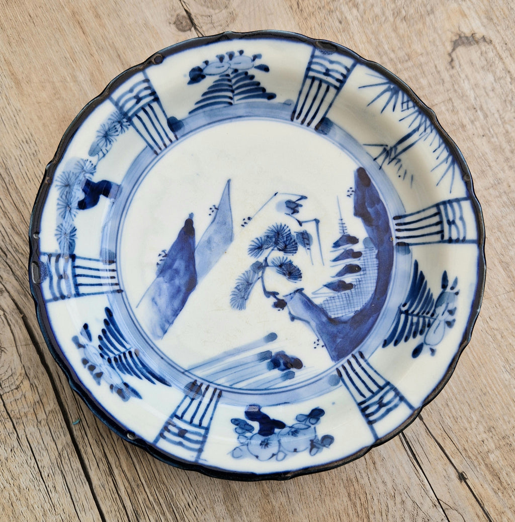 Japanese Ceramic Namasu-Zara Dish Blue & White Arita Edo 'Scholar's Retreat' Kraak Style Rare Antique
