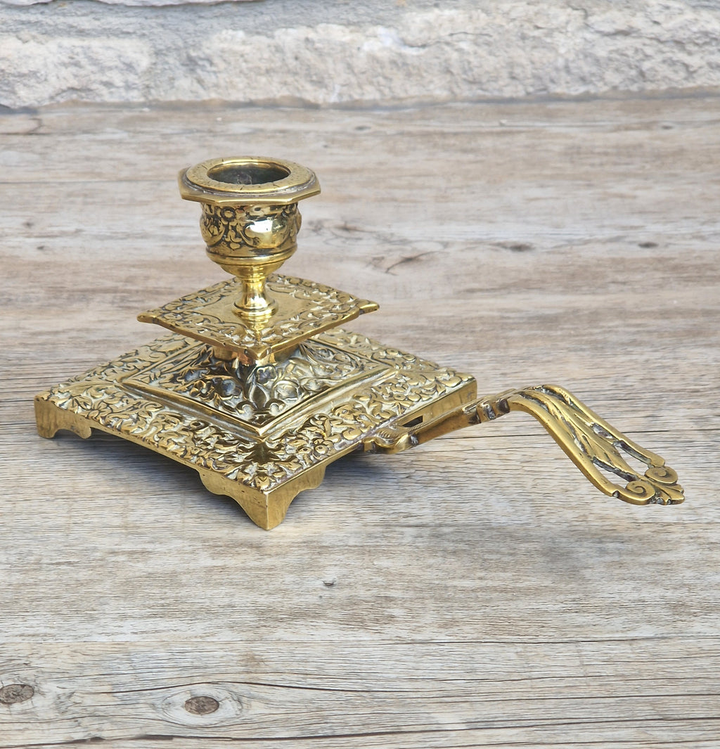 Fine French Antique Rococo Solid Brass Square Tiered Footed Chamberstick