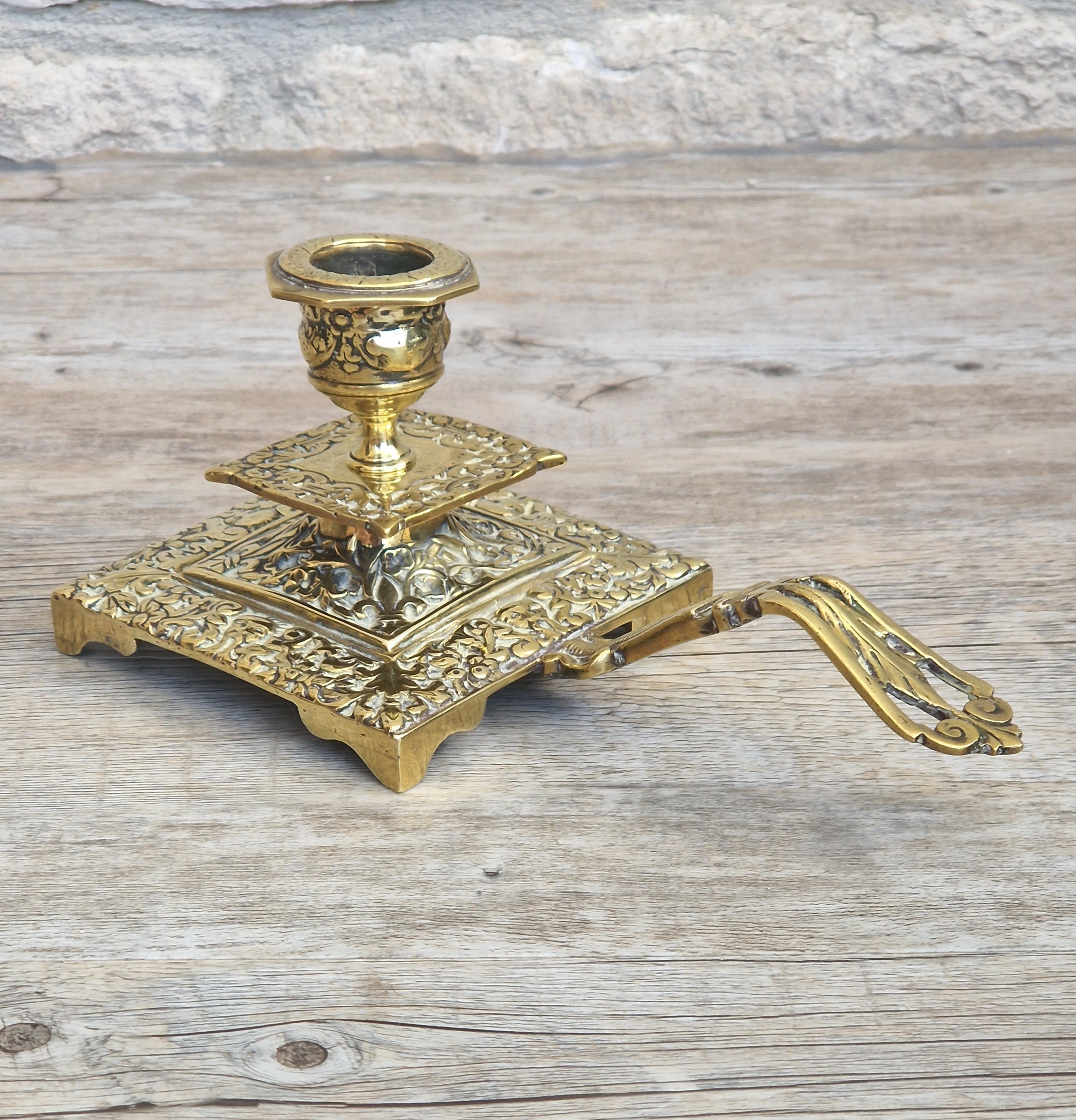 Fine French Antique Rococo Solid Brass Square Tiered Footed Chamberstick