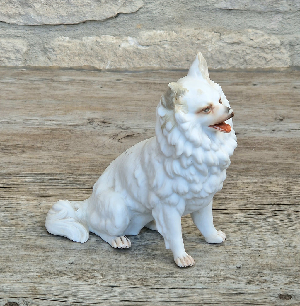 Antique Heubach Bisque Sitting Panting Spitz Dog: German Figure, Circa 1864-1880