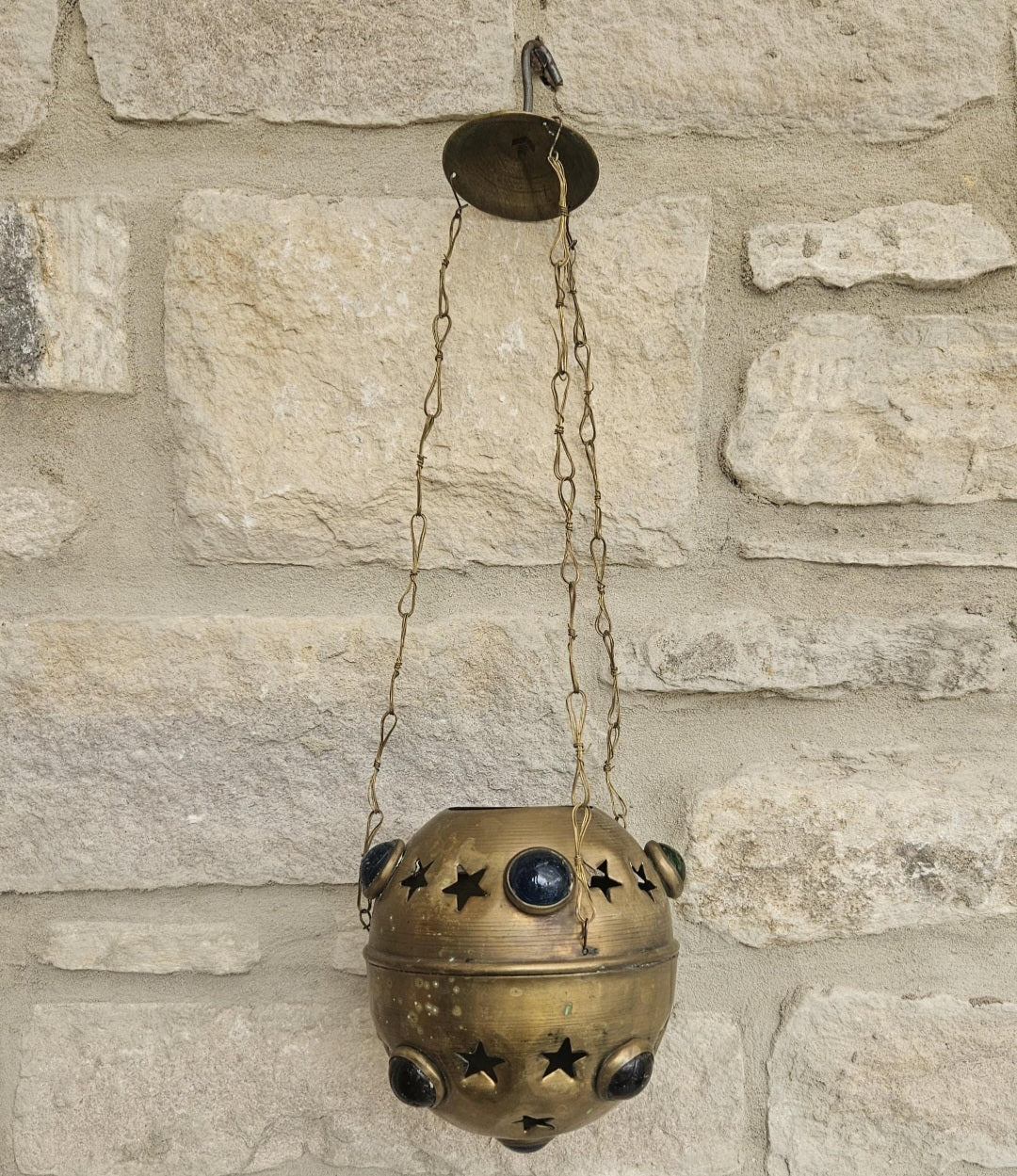 Vintage Pierced Brass Hanging Lantern with cabouchon verdigris Bohemian Moroccan