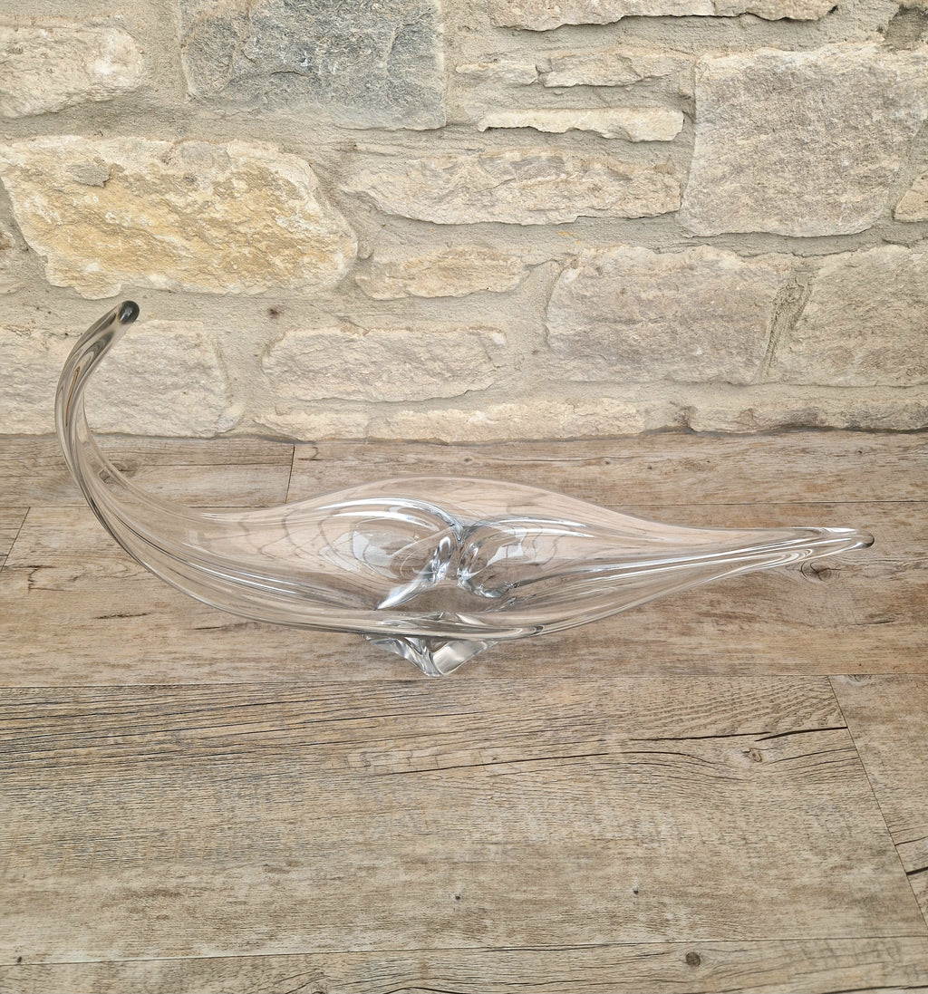 Vintage Art Vannes France Signed Lead Crystal Centerpiece | 1950s Mid Century Modern Biomorphic Freeform Sculptural Glass Bowl