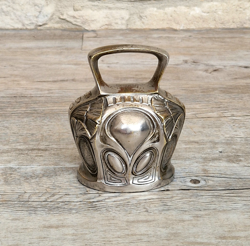 Antique Art Nouveau Silvered Bronze Large Ornate Decorated Table Bell