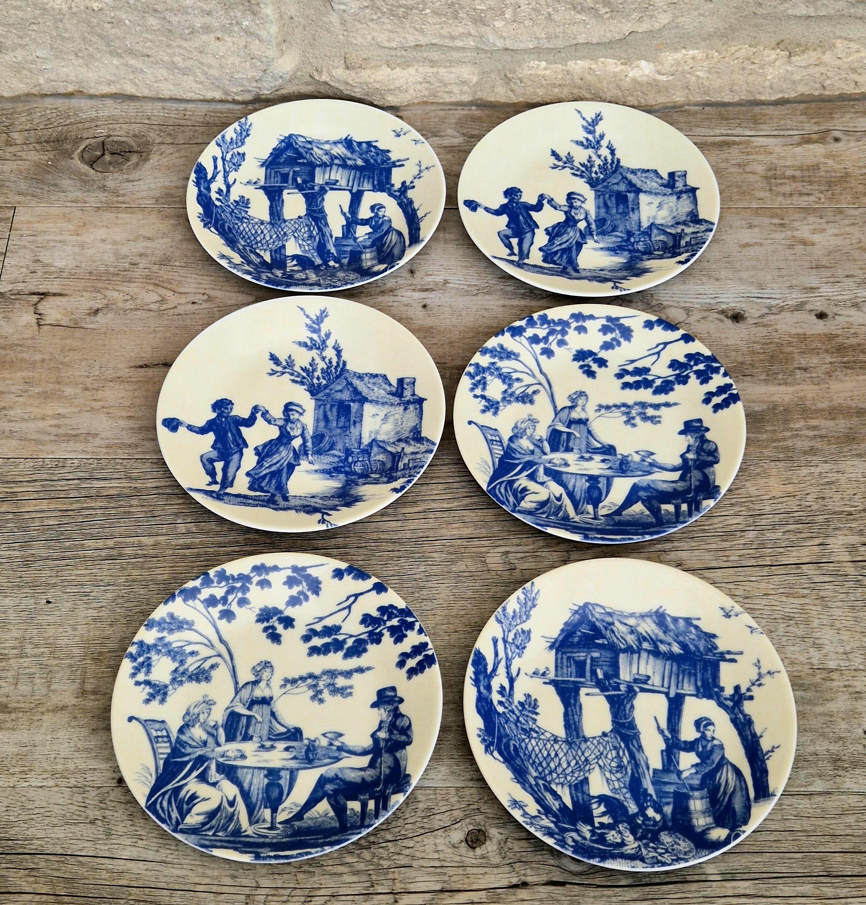 Set of Six Toile De Jouy Blue Salad or Dessert Plates Philippe Deshoulieres France. Boxed & Unused