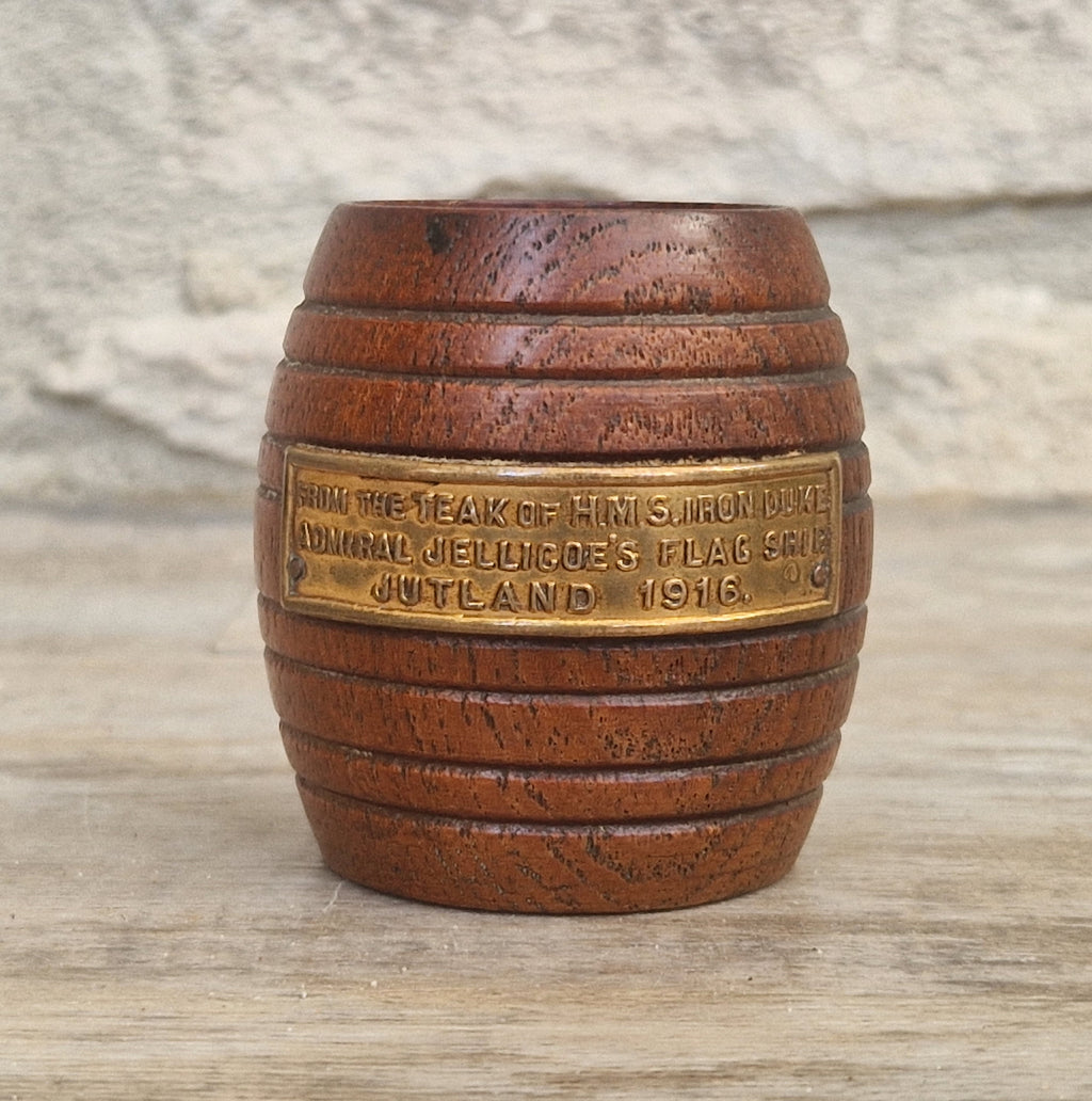HMS Iron Duke Teak Barrel WWI Battle of Jutland Maritime Relic Admiral Jellicoe Flagship Souvenir Treen Match Holder Vesta