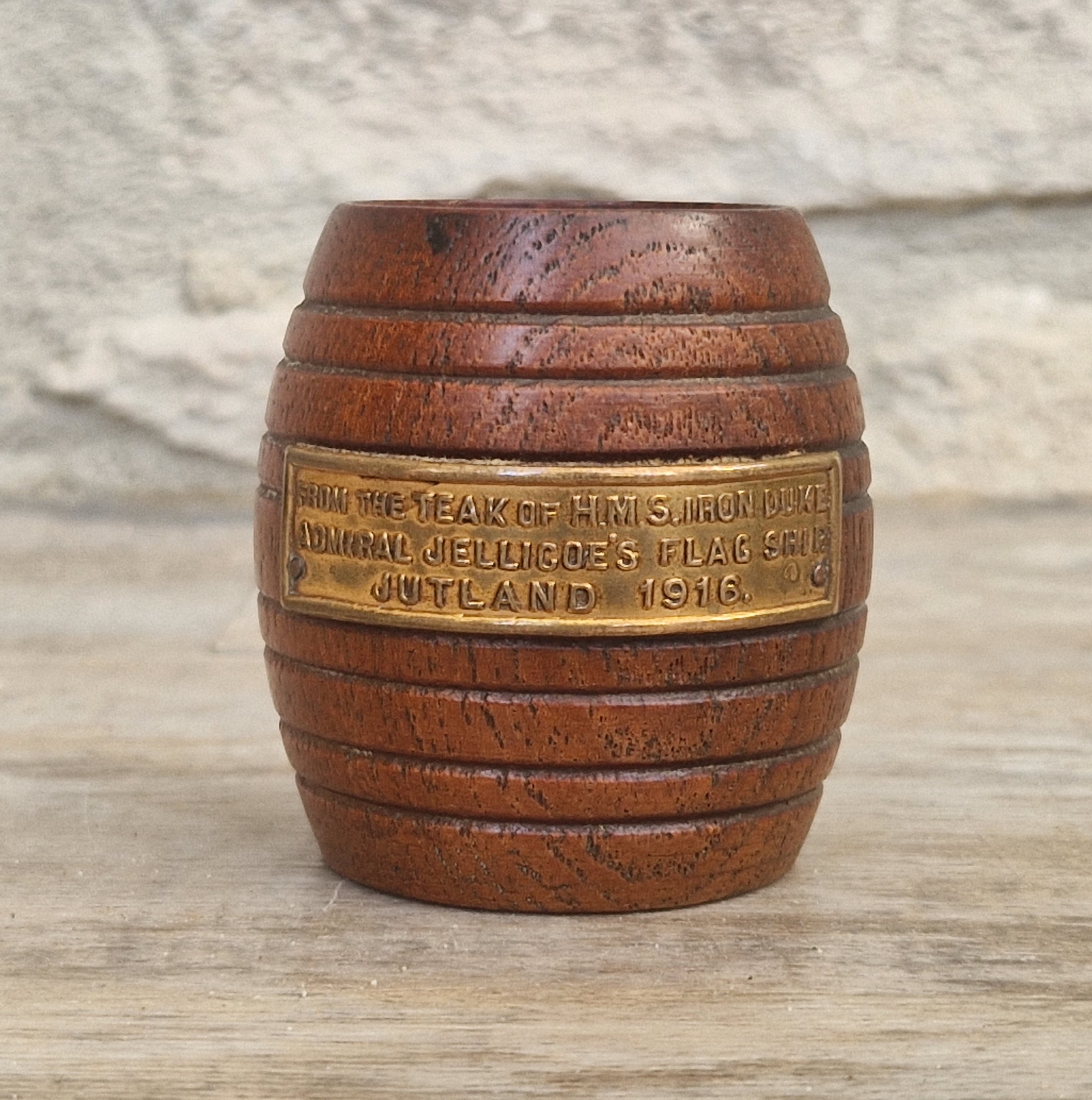 HMS Iron Duke Teak Barrel WWI Battle of Jutland Maritime Relic Admiral Jellicoe Flagship Souvenir Treen Match Holder Vesta
