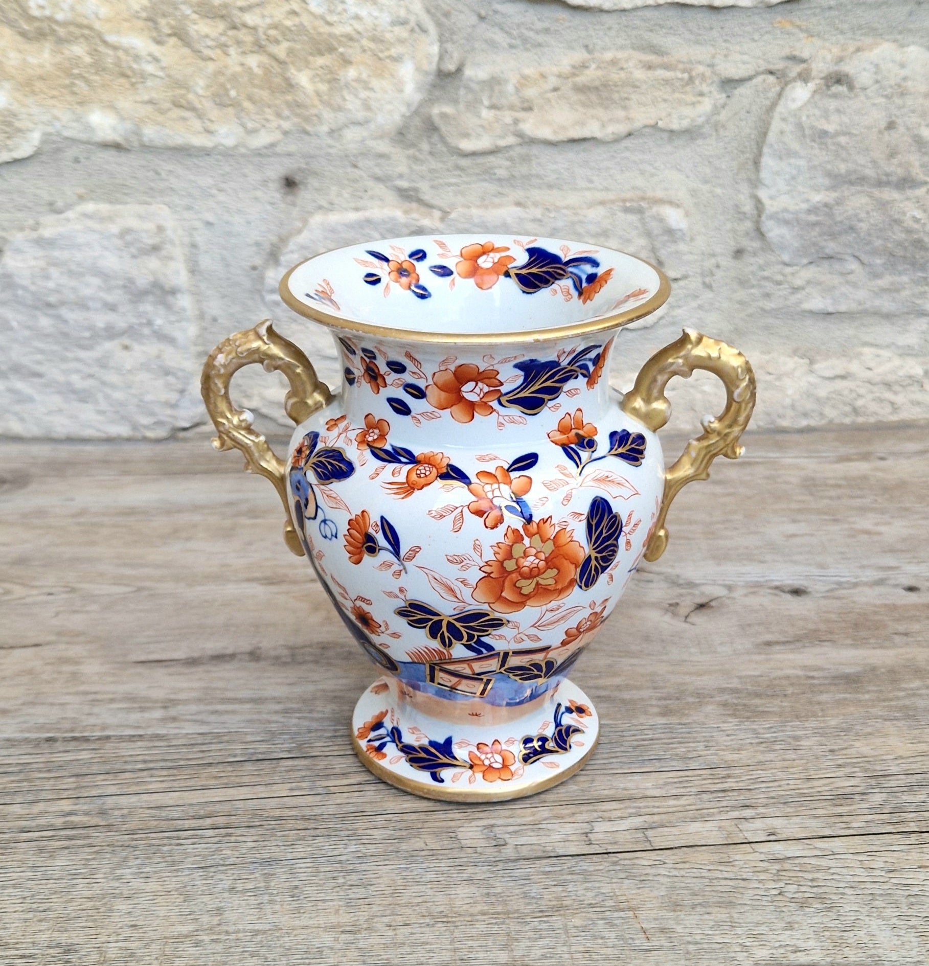 Early Mason's Ironstone China Vase Japan Fence Pattern, Gilt Handles 1820