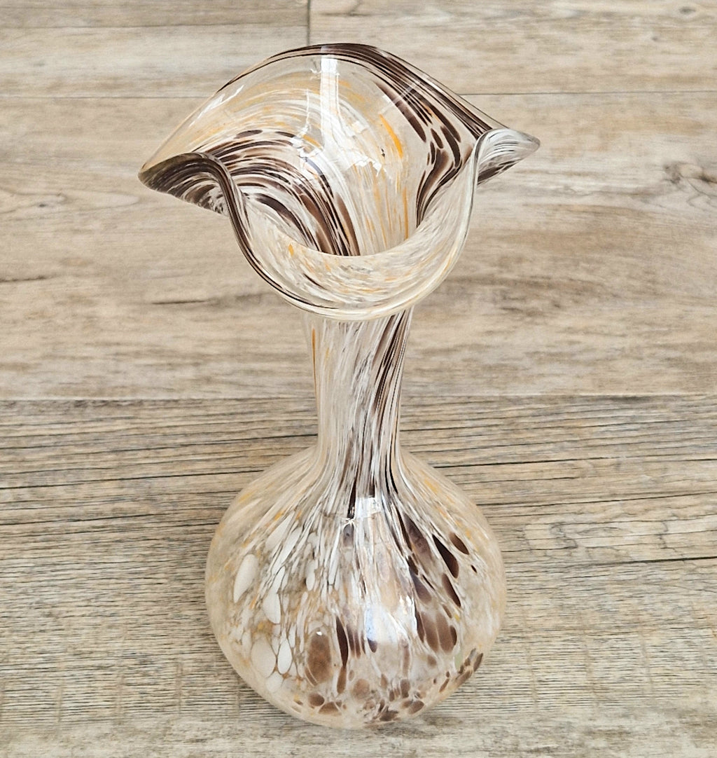 Vintage Art Glass Confetti Vase, Handblown Clear Glass with White, Amber, Brown Flecks, Flared Rim