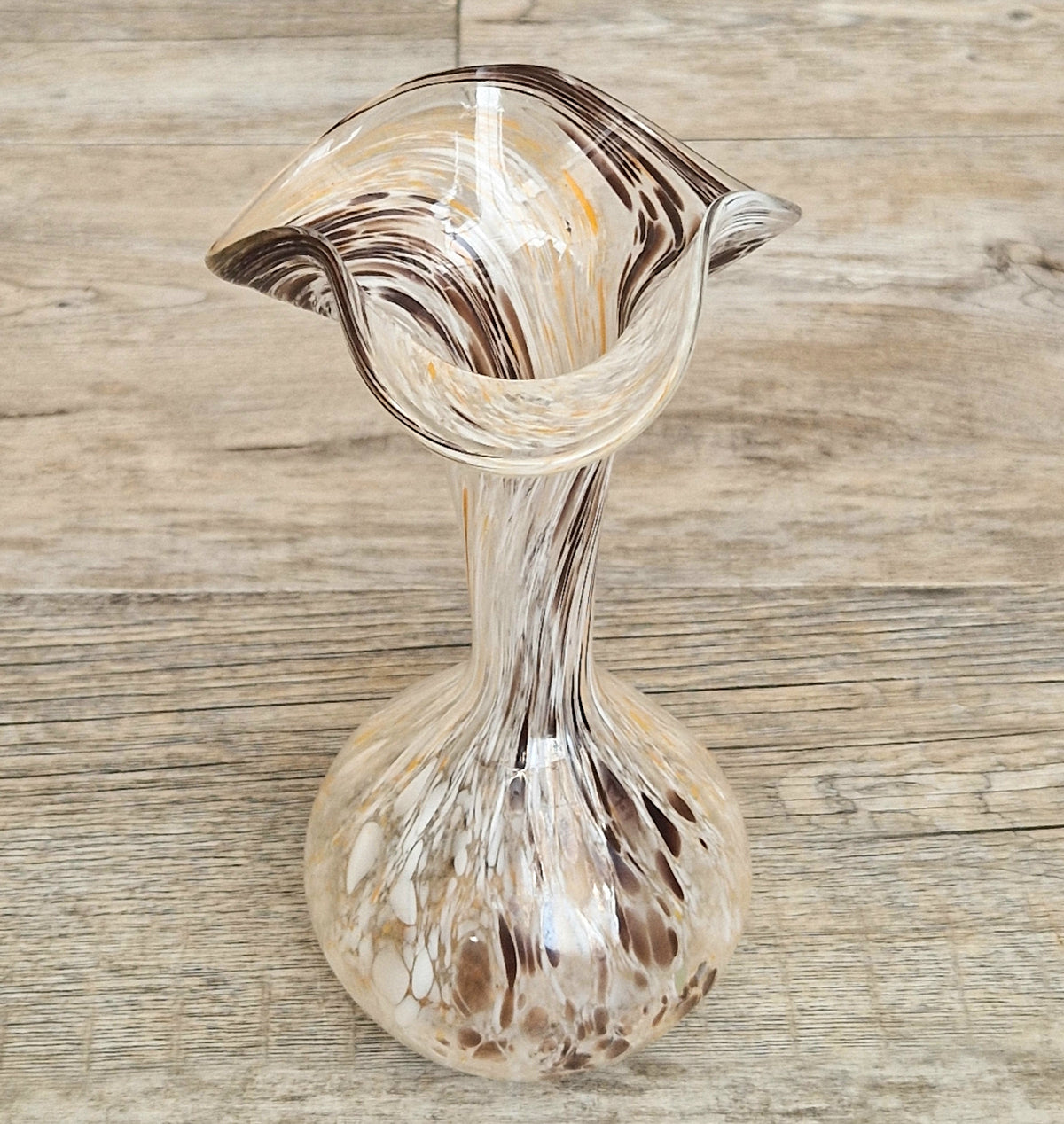 Vintage Art Glass Confetti Vase, Handblown Clear Glass with White, Amber, Brown Flecks, Flared Rim